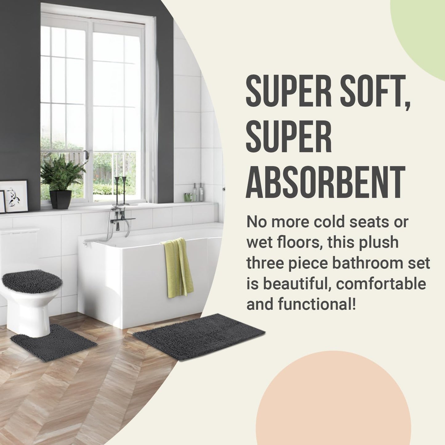 ITSOFT 3pc Non-Slip Shaggy Chenille Bathroom Mat Set, Includes 24 x 21 Inches U-Shaped Contour Toilet Rug, 34 x 21 Inches Bathmat and 1 Toilet Lid Cover, Spa Blue