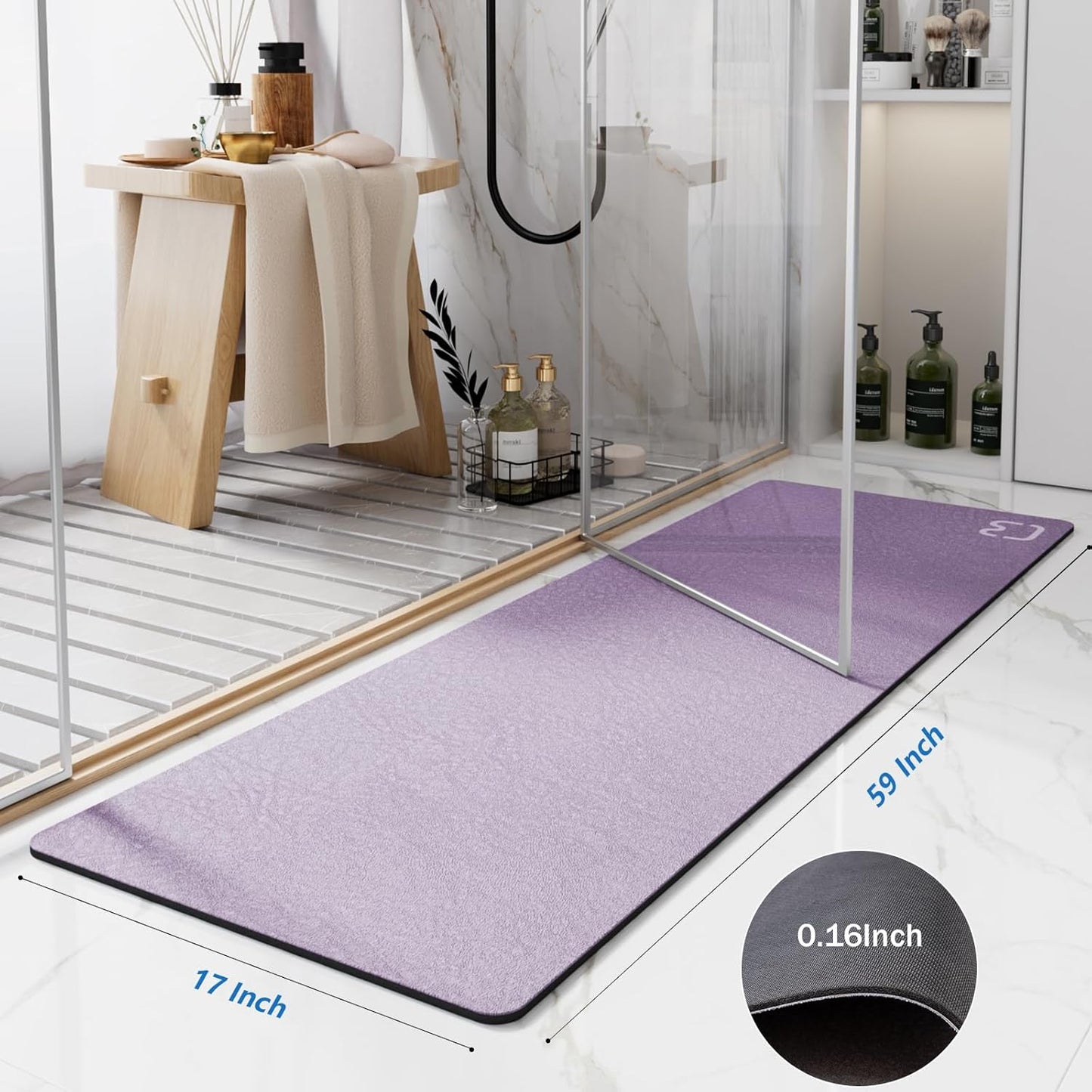 Diatomaceous Earth Bath Mat 17" x 59" Extra Long Bathroom Mat Large Fast Dry Super Absorbent Non-Slip Rubber Backed Shower Mat Bath Rugs Mats for Bathroom Floor, Tub, Shower, Sink, Lavender
