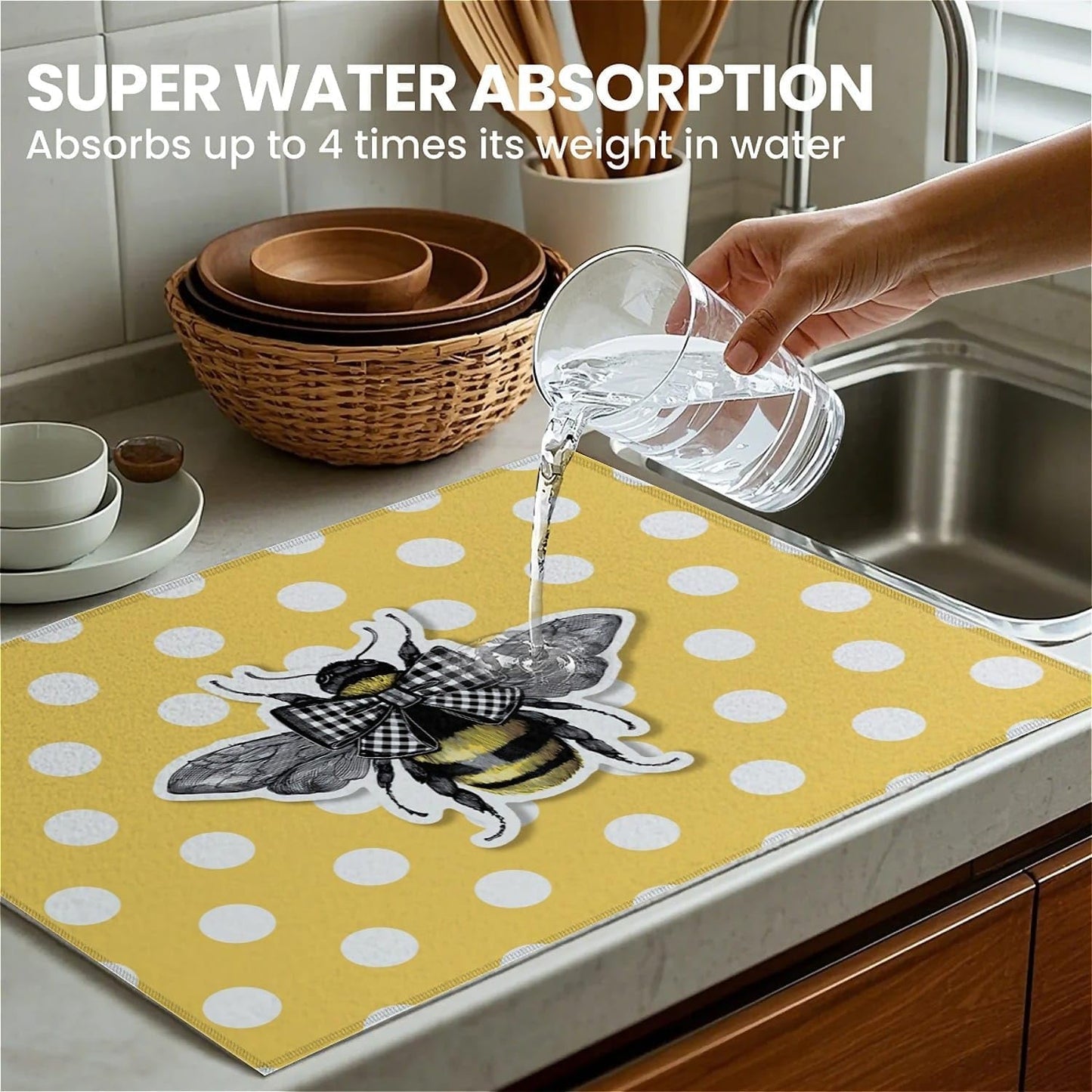 Dish Drying Mat For Kitchen Counter, Yellow Honey Bees Microfiber Absorbent Dish Drainer Rack Pad Reusable Large 18x24in Drying Mat