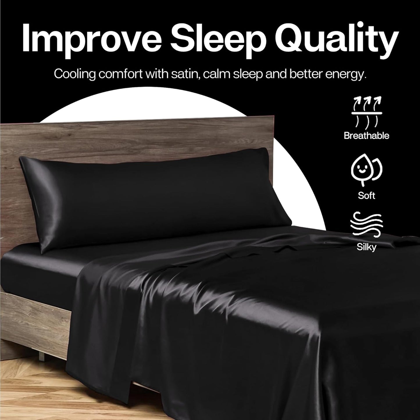 MR&HM Satin Body Pillow Cover, Soft and Breathable Body Pillow Case with Envelope Closure, Cooling and Silky Long Pillowcase for Hair and Skin,Grey (20x54, Black)