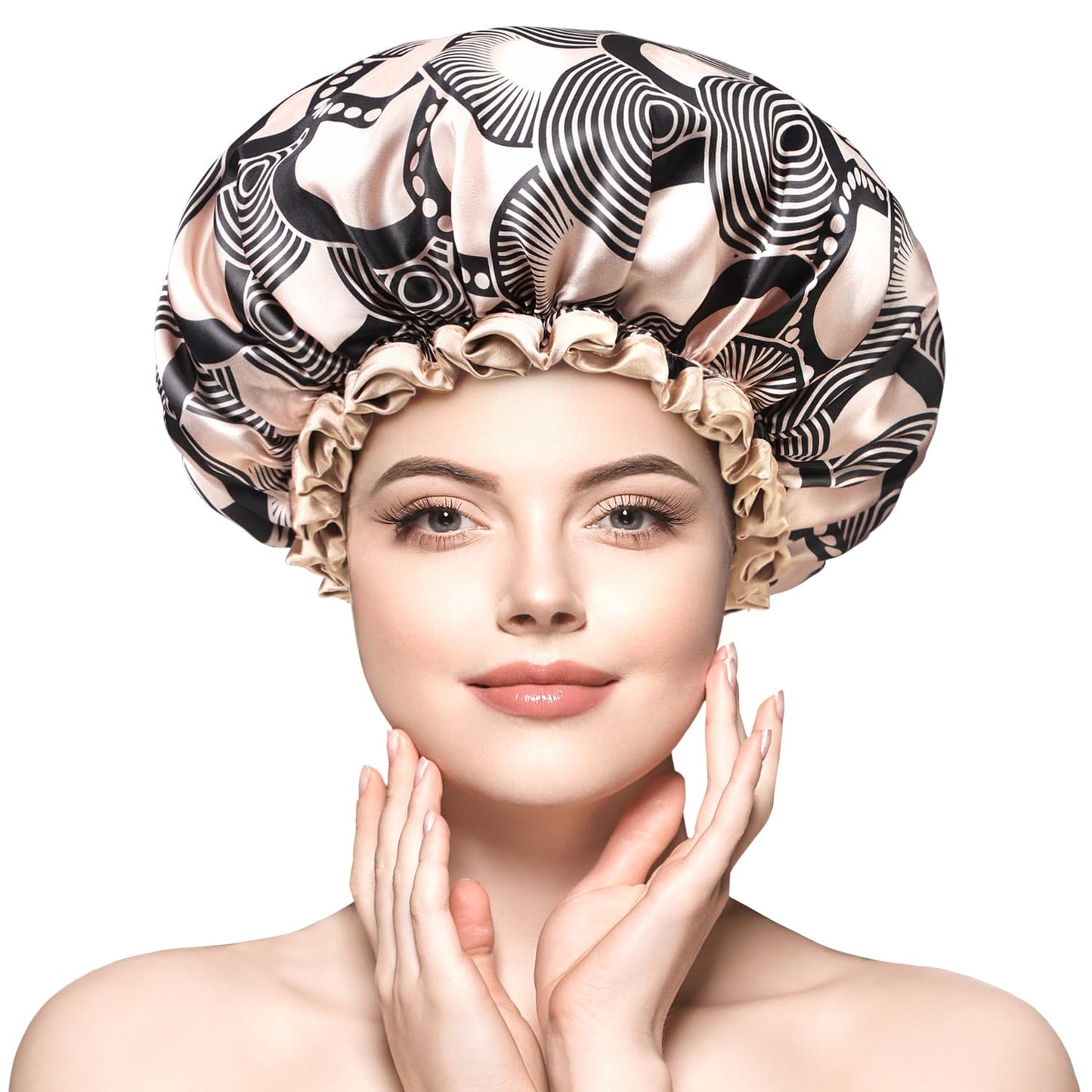 mikimini Shower cap for Women and Girls,Champagne Shower Caps with Lace, Double Layer Waterproof, Reusable, Washable, High-quality,Medium (Pack of 1)