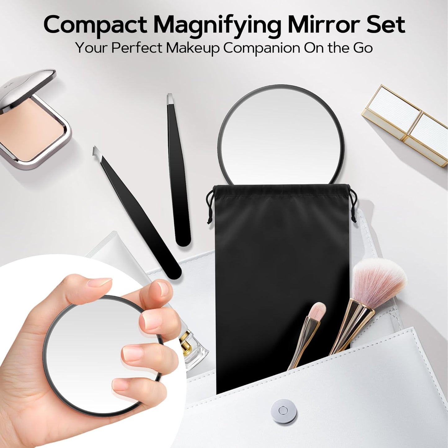 MIYADIVA Magnifying Mirror Set, 20x&30x&40x Suction Cup Makeup Mirror, 2 Tweezers & Storage Bag, 3.5 Inch Compact Mirror for Travel, Bathroom, Home, Gifts for Women