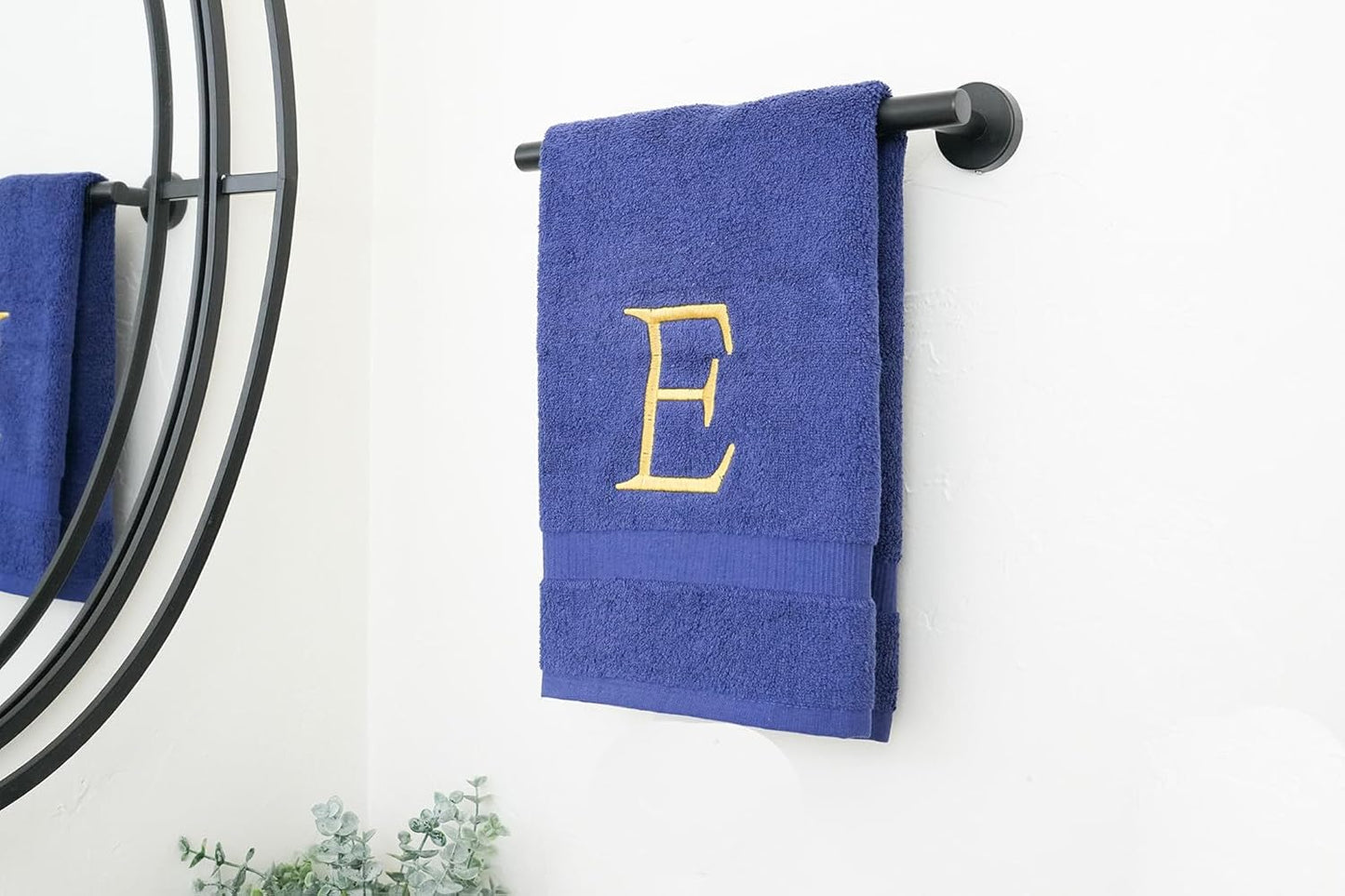 Navy Monogram Hand Towel for Bathroom - Monogrammed Initial Hotel Quality Decorative Embroidered Luxury Towel for Powder Room, Spa - GOTS Organic Certified - Set of 2 Letter E