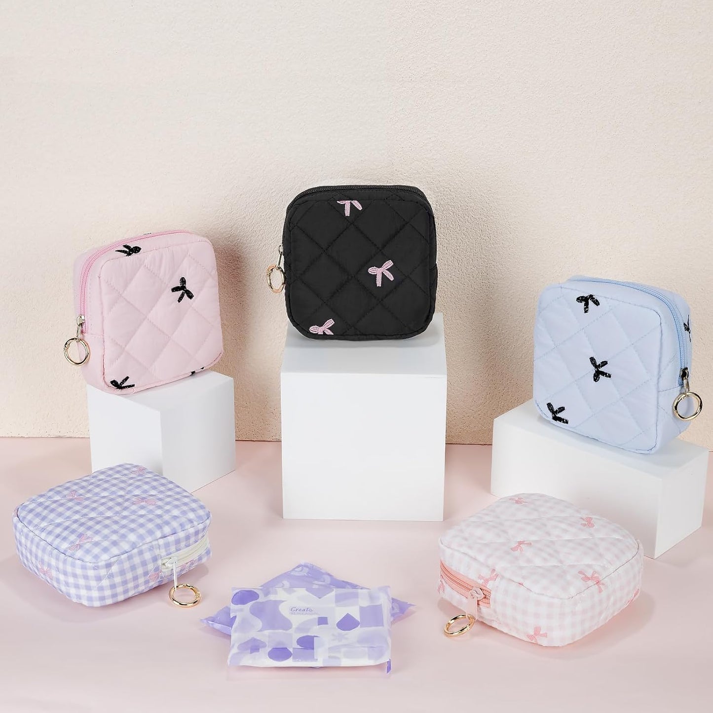 Period Bag for Teen Girls, Quilted Sanitary Napkin Storage Bag, Cute Bow Tie Menstrual Pad Pouch Tampon Holder (Black)