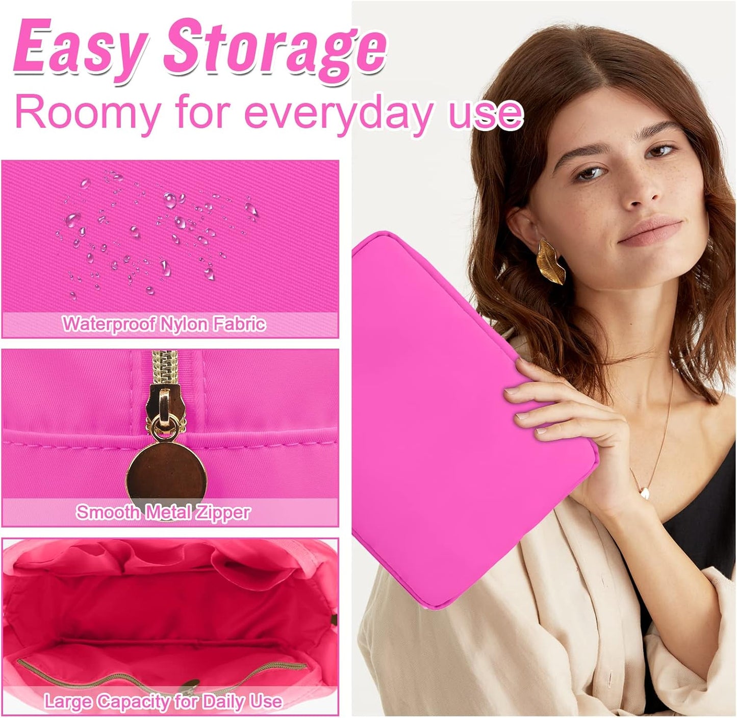 Nylon Large Makeup Bag Travel Cosmetic Bag Pouch, Preppy Big Makeup Bag Cute Cosmetic Zipper Pouch Purse, Waterproof Toiletry Bag Clutch Makeup Organizer Travel Essentials for Women Girls(Hot Pink)