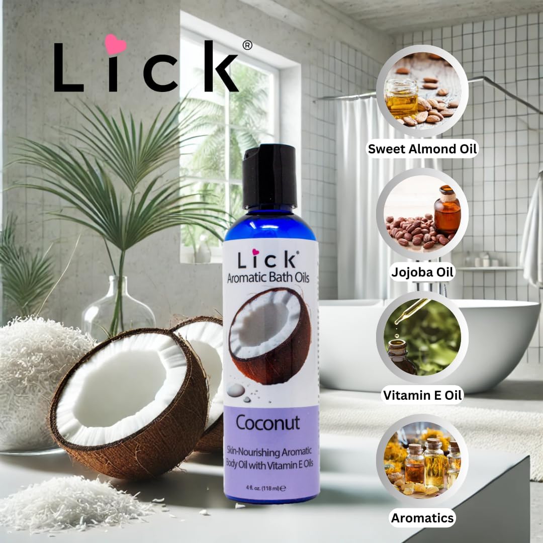 Lick Coconut Aromatic Bath Oil - Natural Sweet Almond, Vitamin E & Jojoba Oils for Luxurious Experience for Women. Moisturizes Dry Skin, 12 Enchanting Aromas, Paraben Free, Made in USA 4 fl oz