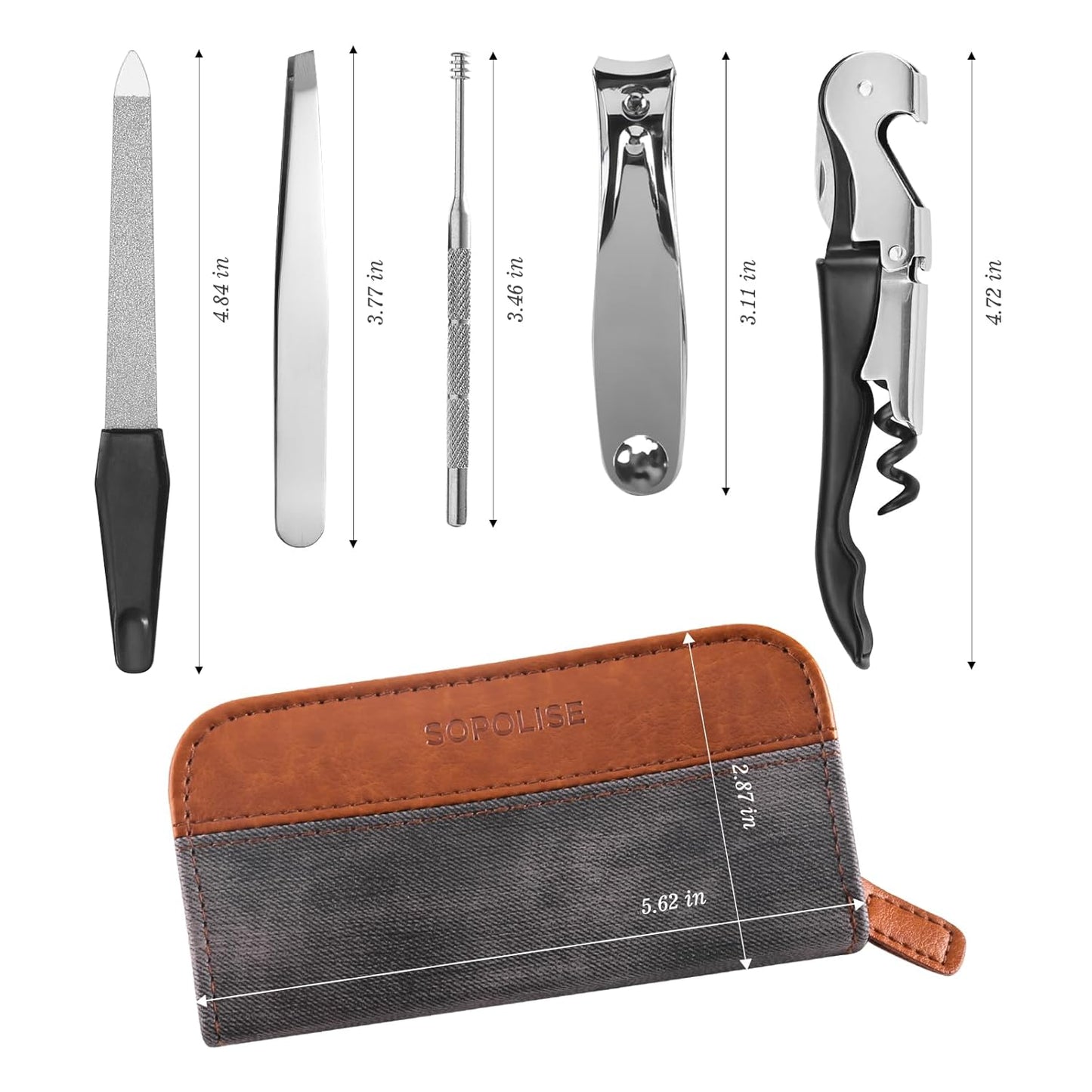 Manicure Set 5-Piece with PU Leather Case - Stainless Steel Nail Clipper Kit Includes Nail Clipper, Nail File,Tweezers, Ear Spoon & Wine Opener Tools for Home&Travel&Gift