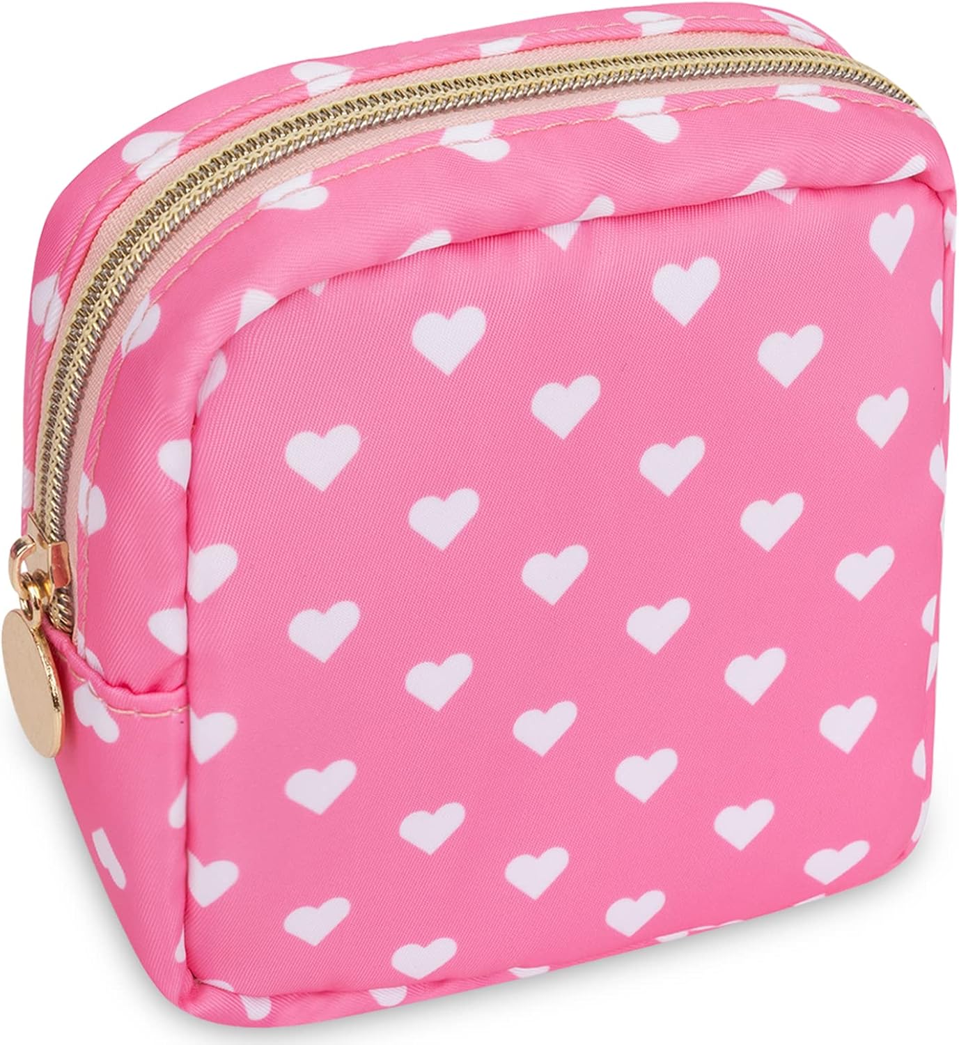 Nylon Mini Makeup Bag for Purse - Small Cute Cosmetic Zipper Pouch - Waterproof Travel Coin Pouch - Sanitary Napkin Storage - Make Up Organizer for Women & Girls (Pink Heart)