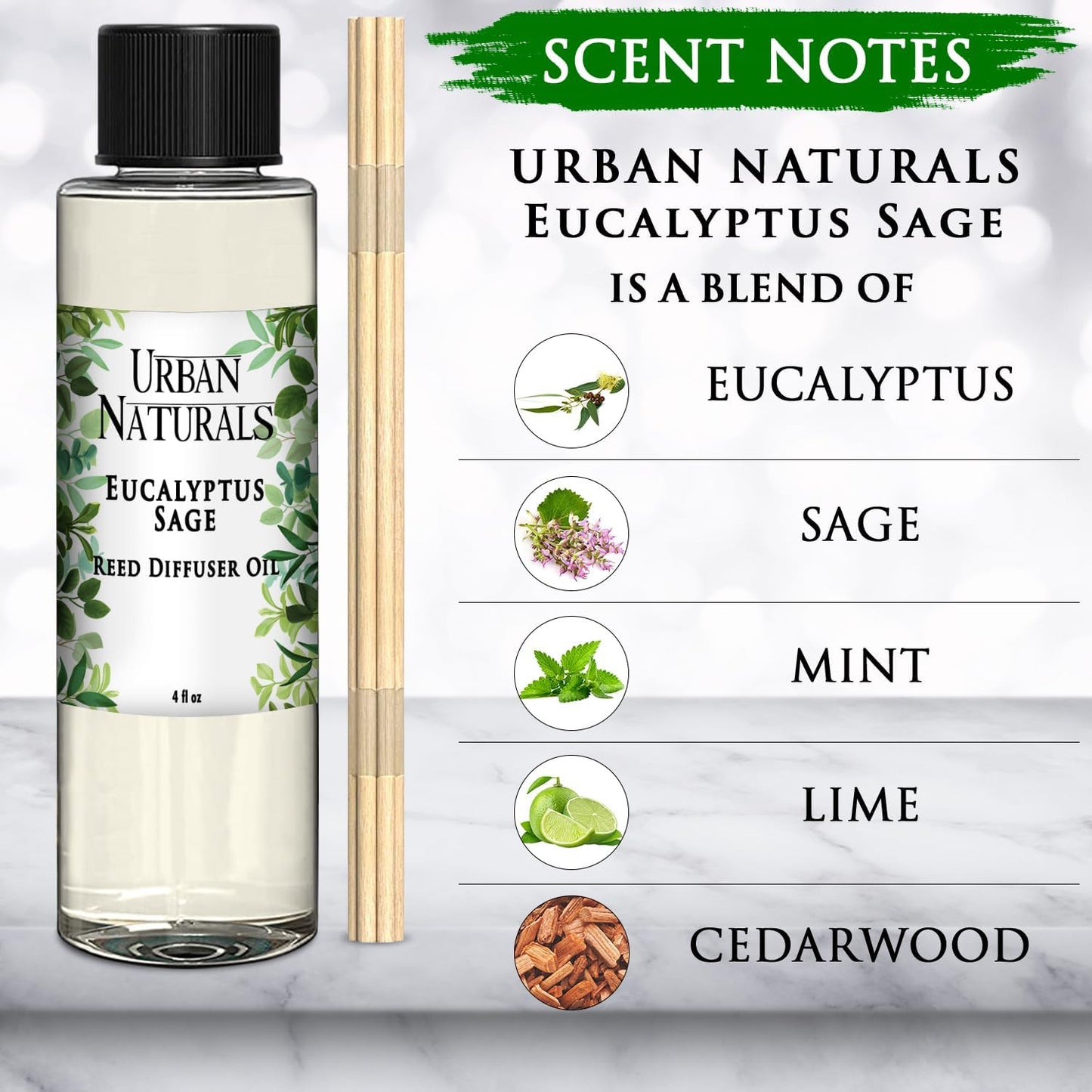 Urban Naturals Eucalyptus & Sage Oil Reed Diffuser Refill and Reed Sticks | Eucalyptus, Sage, Mint, Lime and Cedarwood, 4 oz (2 Pack)