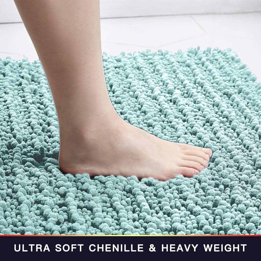 Walensee Bathroom Rug 2 Pieces Set Non Slip Bath Mat (20"x32" Plus 20"x32" spa Blue) Water Absorbent Super Soft Shaggy Chenille Machine Washable Dry Extra Thick Perfect Carpet for Shower Floor
