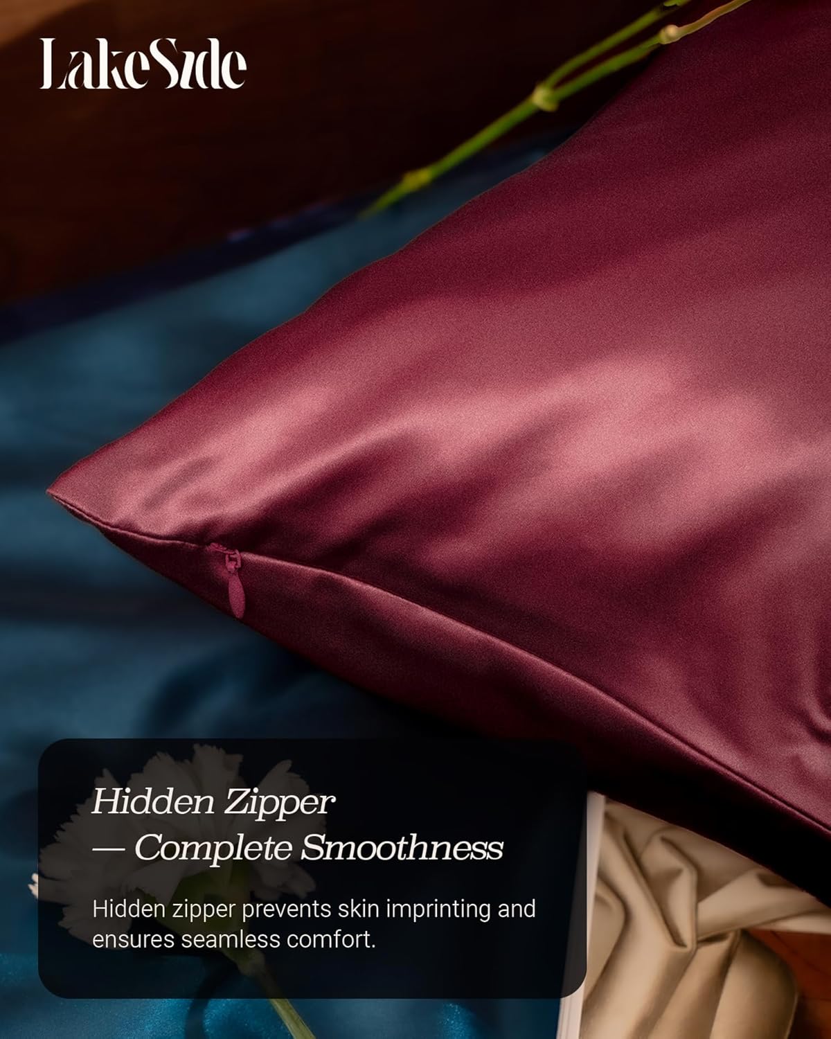 Oriental Lakeside® 100% Pure 22 Momme Mulberry Silk Pillowcase with Hidden Zipper - Nighttime Skincare & Hair Care Hydrating Pillow Cover