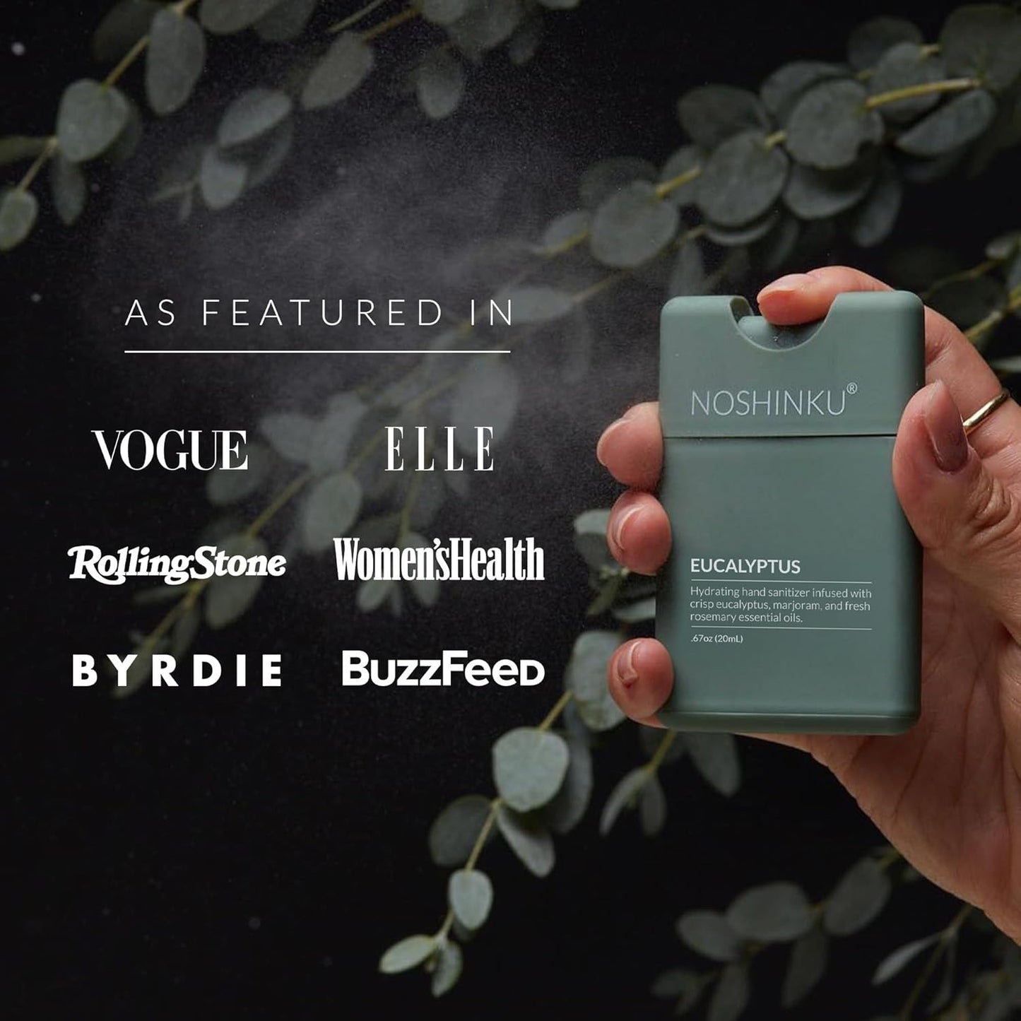 Noshinku - Refillable Hand Sanitizer Eucalyptus 3-Pack, Travel Size Spray with Hydrating Botanical Oils, Natural Ingredients, All Natural Fragrances, Sugarcane Derived Alcohol, No Parabens, No Dyes