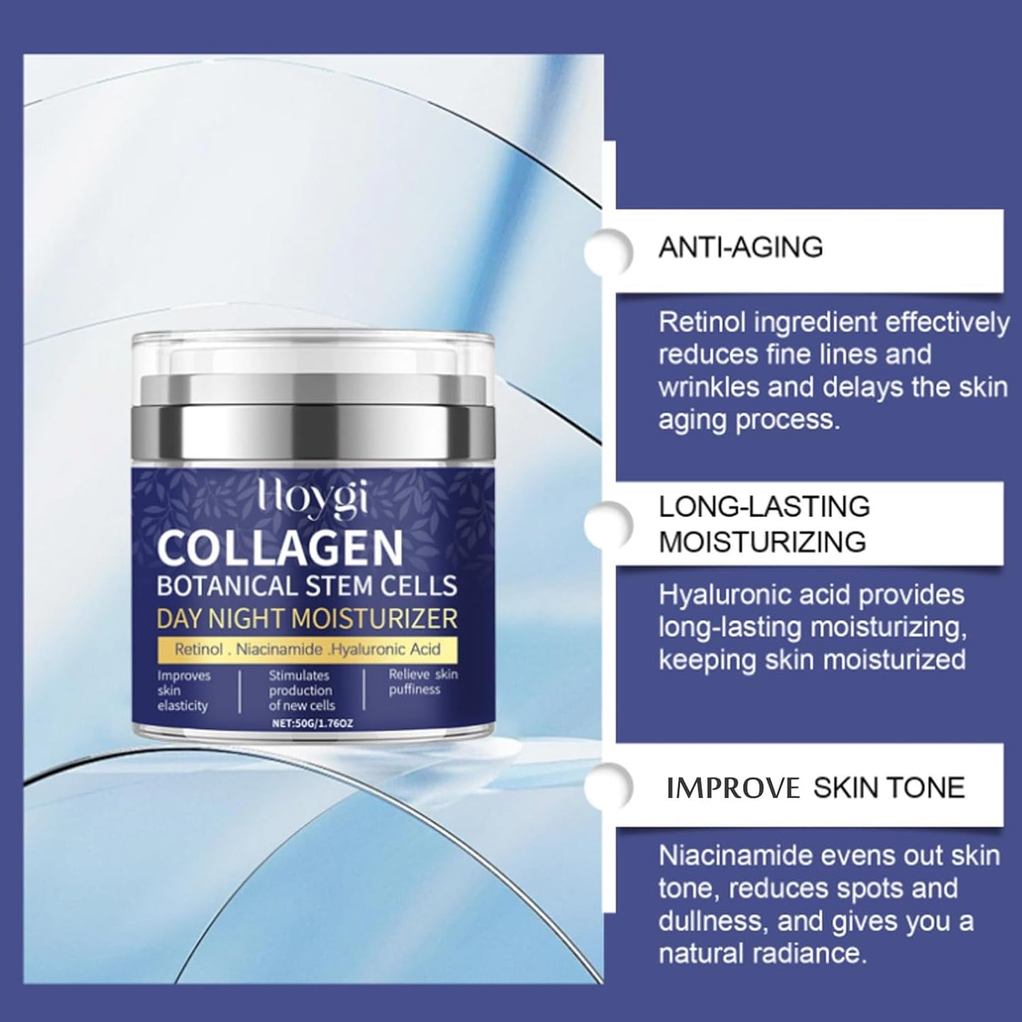 Collagen Face Moisturizer with Airless Pump - Collagen Botanical Stem Cells Cream for Skin with Retinol, Niacinamide, Hyaluronic Acid - Anti-Aging Day & Night Cream, 1.8 OZ