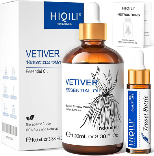 HIQILI 100ML Vetiver Essential Oil, 100% Pure Natural for Diffuser Calm and Relation- 3.38 Fl Oz