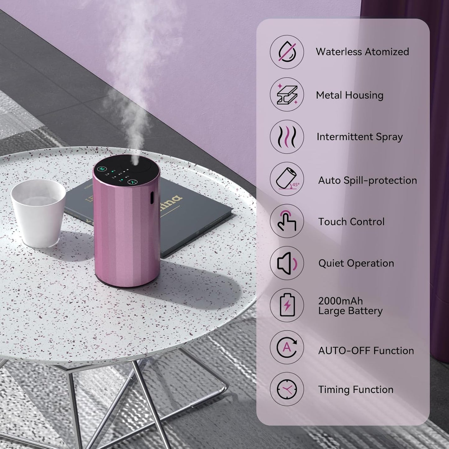 Waterless Essential Oil Diffuser Aromatherapy Scent Diffusers for Home Large Room, Bedroom, Car, Office, Desk, Battery Operated Mini Portable Air Freshener (Pink)