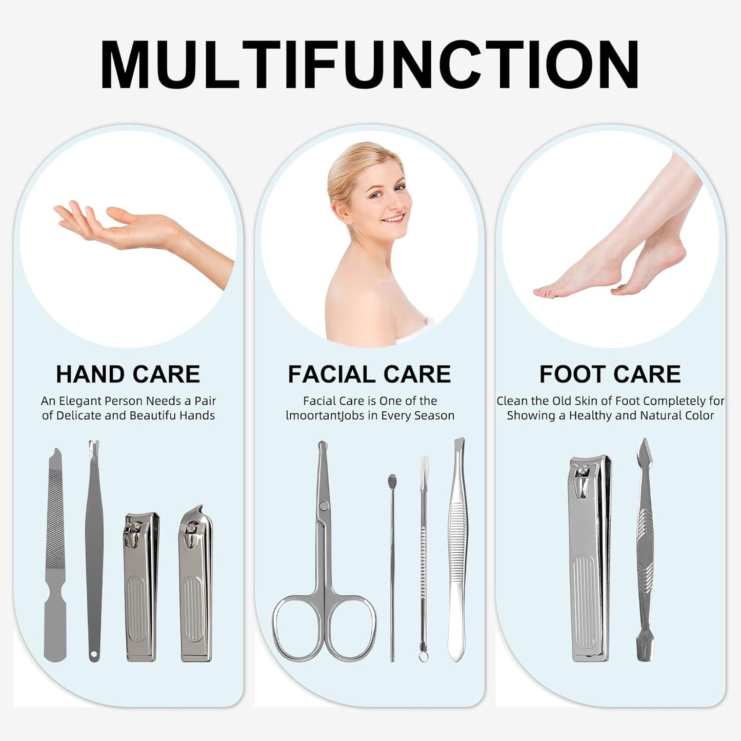 Premium Stainless Steel Nail Clippers Set - Travel Grooming Kit, 10pc Manicure/Pedicure Tools with PU Case - Unisex Gift for Men and Women(C-Grey)