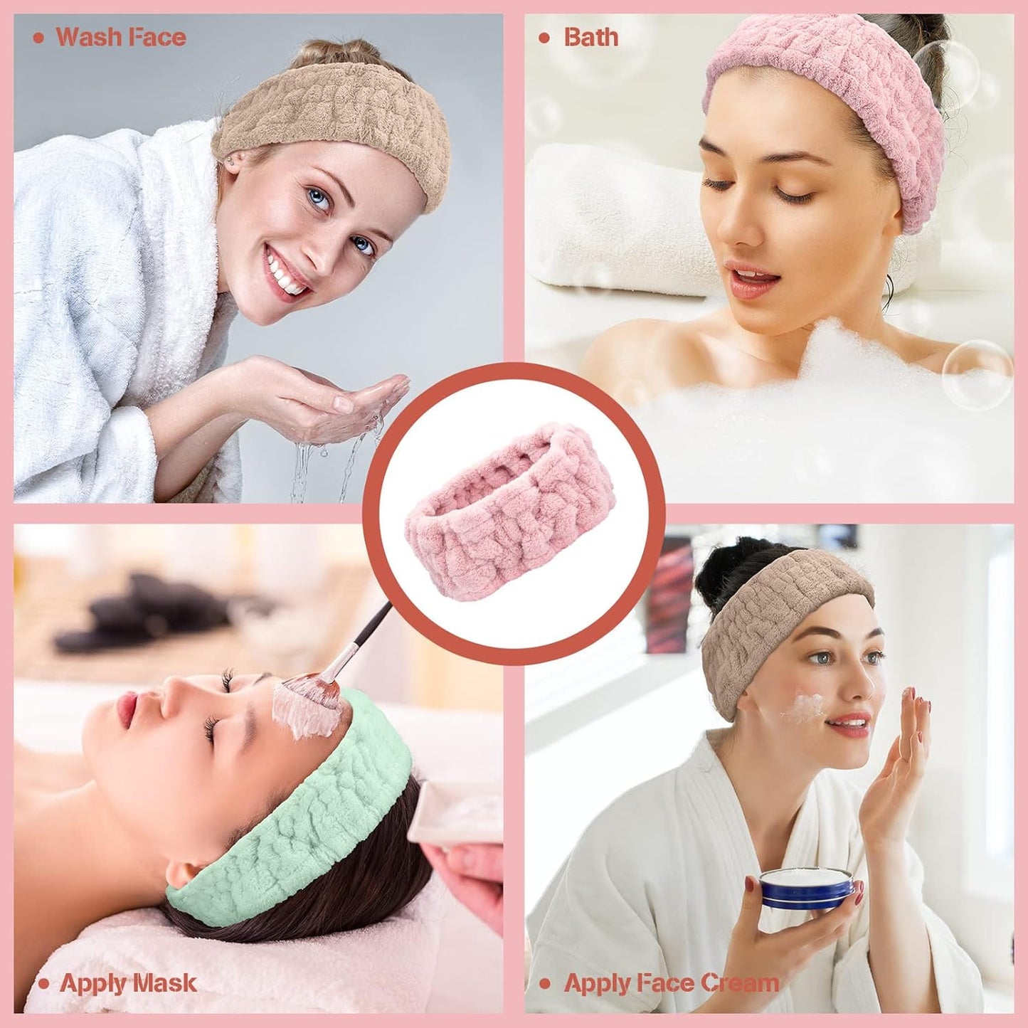 Chuangdi 3 Pieces Terry Cloth Elastic Headbands for Women - Makeup, Face Washing, Yoga, Sports, Shower (Pink, Green, Brown)
