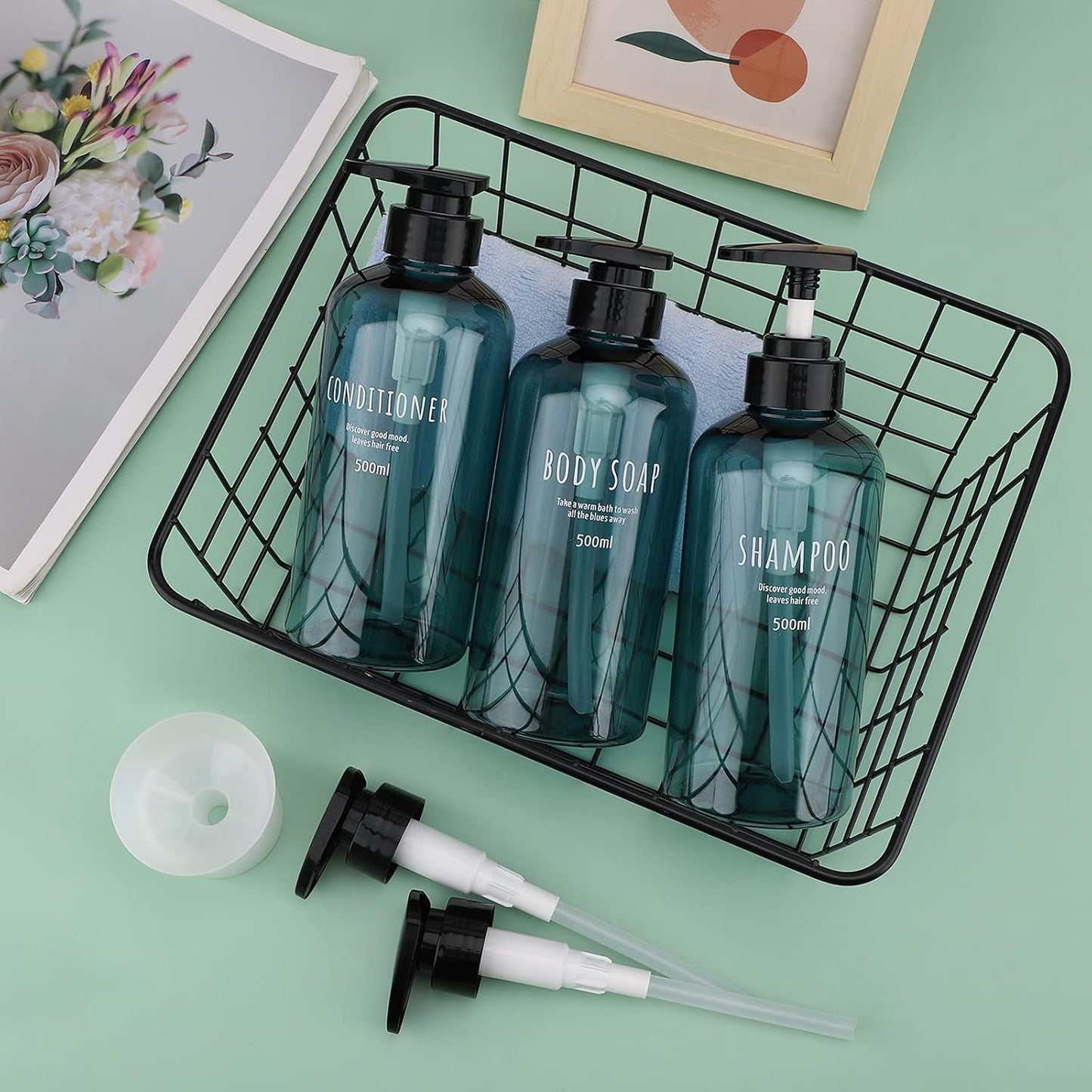 Shampoo Bottles with 2 Extra Pumps, Segbeauty 3pcs 16.9oz Bathroom Shampoo and Conditioner Dispenser with Funnel, 500ml Empty Plastic Refillable Shampoo Bottles for Shower, Large Pump Bottles Blue