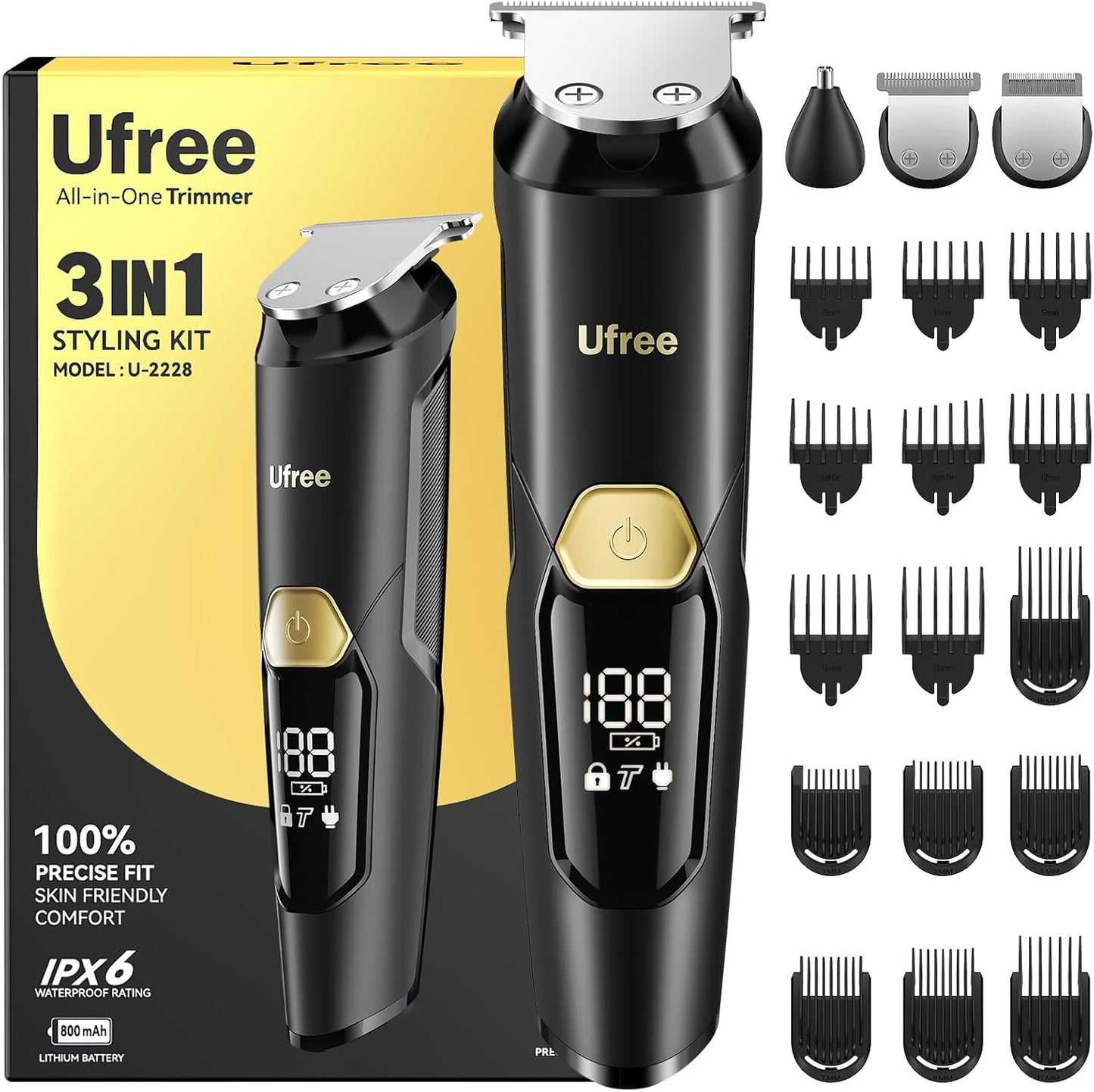 Ufree 3-in-1 Beard Trimmer Kit, Men's Electric Shaver Razor for Mustache Body Nose Facial Hair, Professional Hair Trimmer, Rechargeable Clippers, Waterproof Beard Grooming, Birthday Gifts for Men