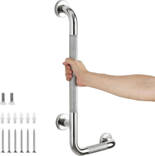 L-Shaped Grab Bars for Shower, 24x12 Inch Stainless Steel Grab Bars for Elderly for Wall Mount, Anti-Slip Knurled Grip Bathroom Safety Rail, Right