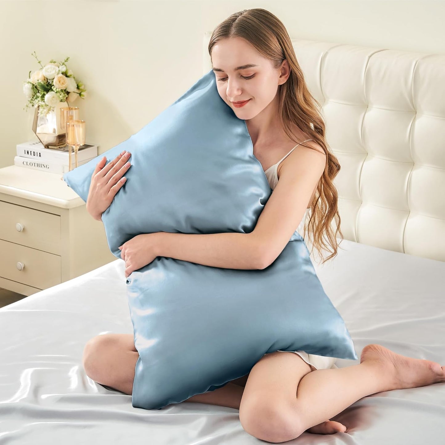INFIIXSO Mulberry Silk Pillowcase for Hair and Skin, Silk Pillow Cases Queen Size Set of 2 with Hidden Zipper 20"x30", Ultra Smooth and Soft Cooling Pillow Cases for Hot Sleepers(Airy Blue, 2 Pack)