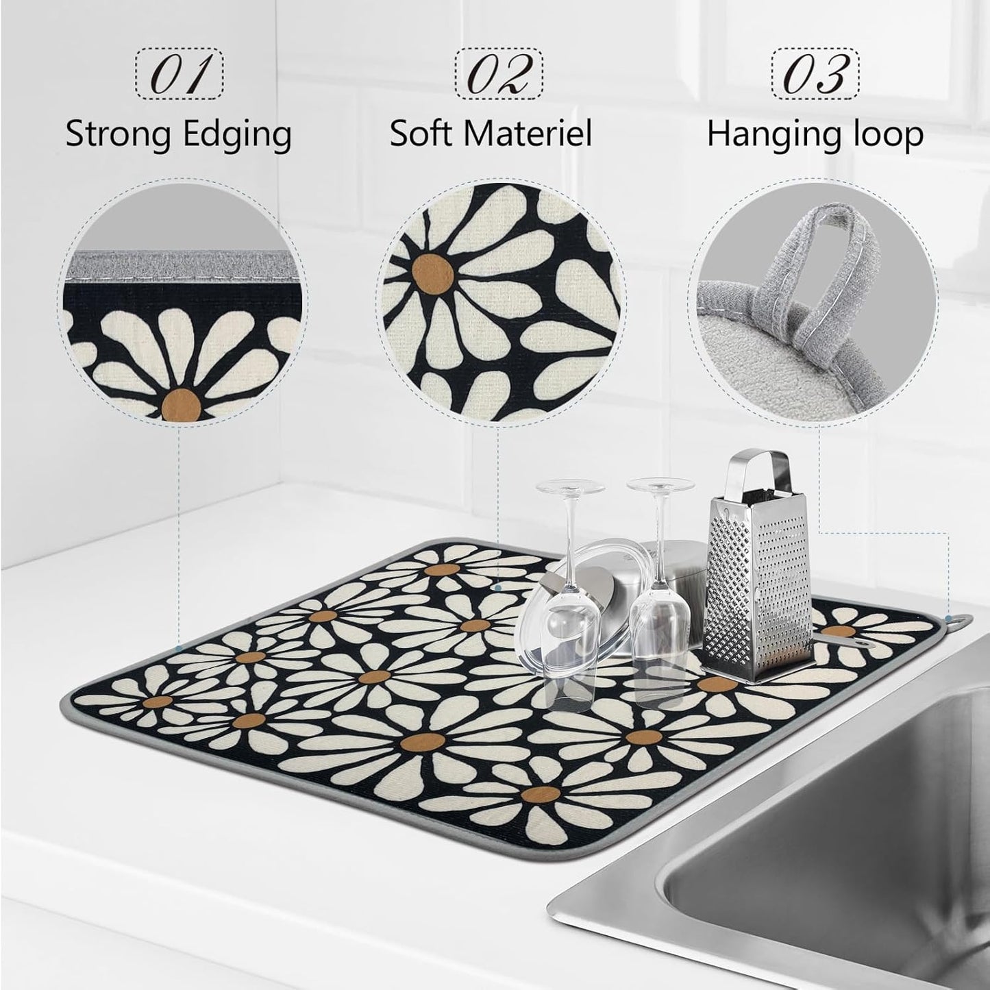 SHIYUE Dish Drying Mat for Kitchen Counter Super Absorbent Spring Kitchen Decor Microfiber Drying Matainers Rack Fast Pad Dish Drainer Mats(Black Flower,18''x24'')