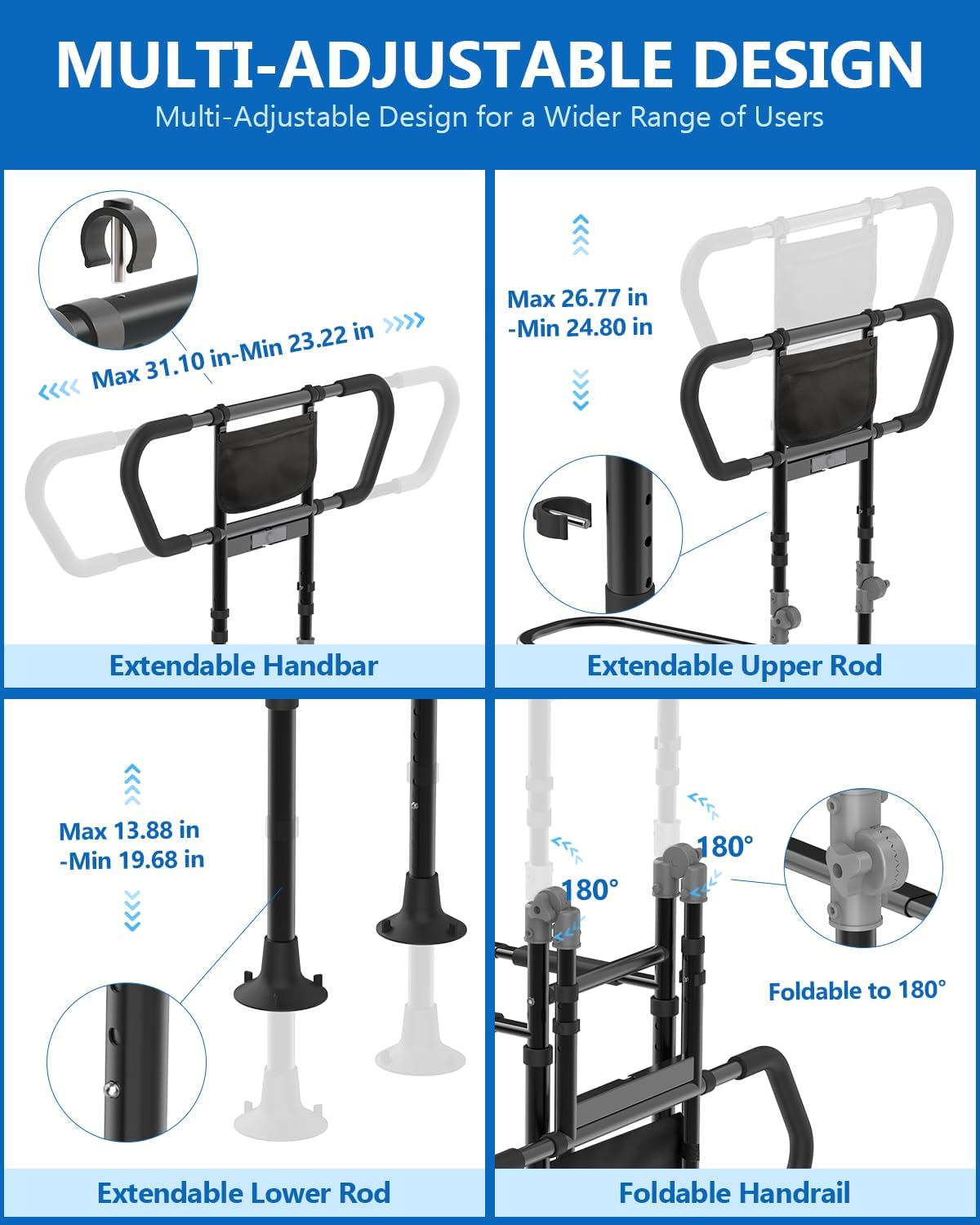 Bed Rails for Elderly Adults Seniors Adjustable Height Foldable Safety Rail with 400 Lbs Capacity Non-Slip Handle, Night Light, Fall Prevention Grab Bar for King Queen Full Twin Beds Black