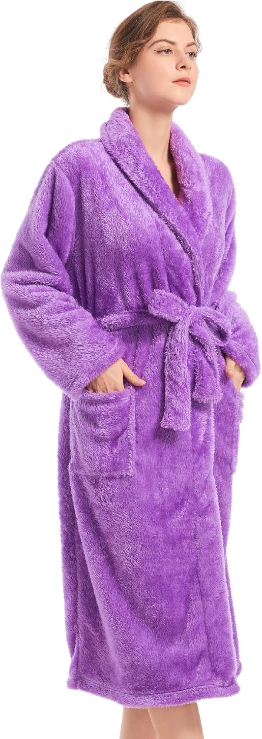 Inner Wish Womens Plush Fleece Robe, Cozy Warm Bathrobe Fuzzy Female Spa Robe With Pockets