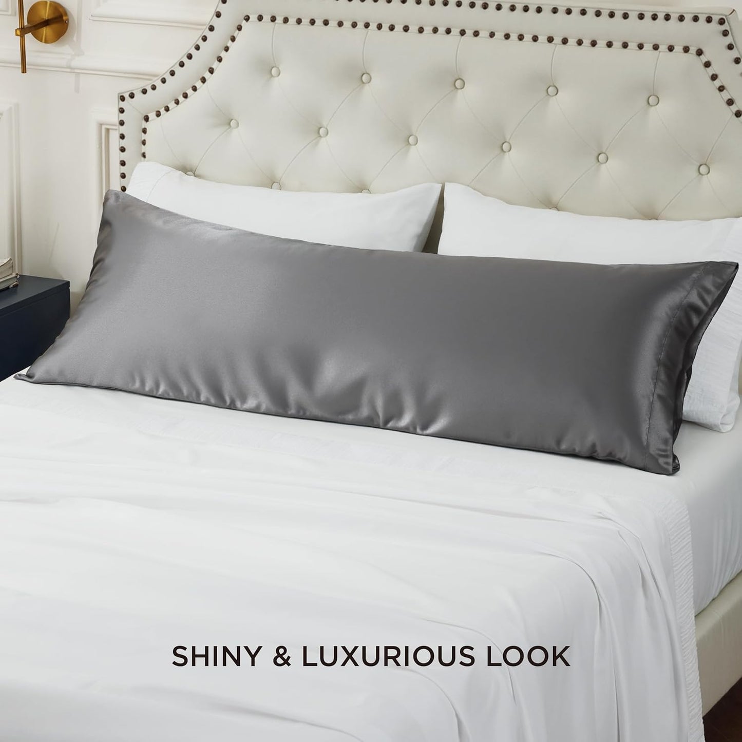 Bedsure Body Pillow Cover 20x54 Inches - Dark Grey Satin Similar to Silk Pillowcase for Hair and Skin, Cooling and Silky Long Body Pillow Case Cover with Envelope Closure, Gifts for Women Men