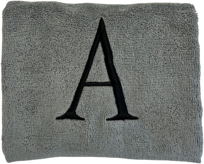 Gray Initial Hand Towel for Bathroom - Monogrammed Luxury Hotel Quality Decorative Embroidered Towel for Powder Room, Spa - GOTS Organic Certified - Set of 2 Black Letter M