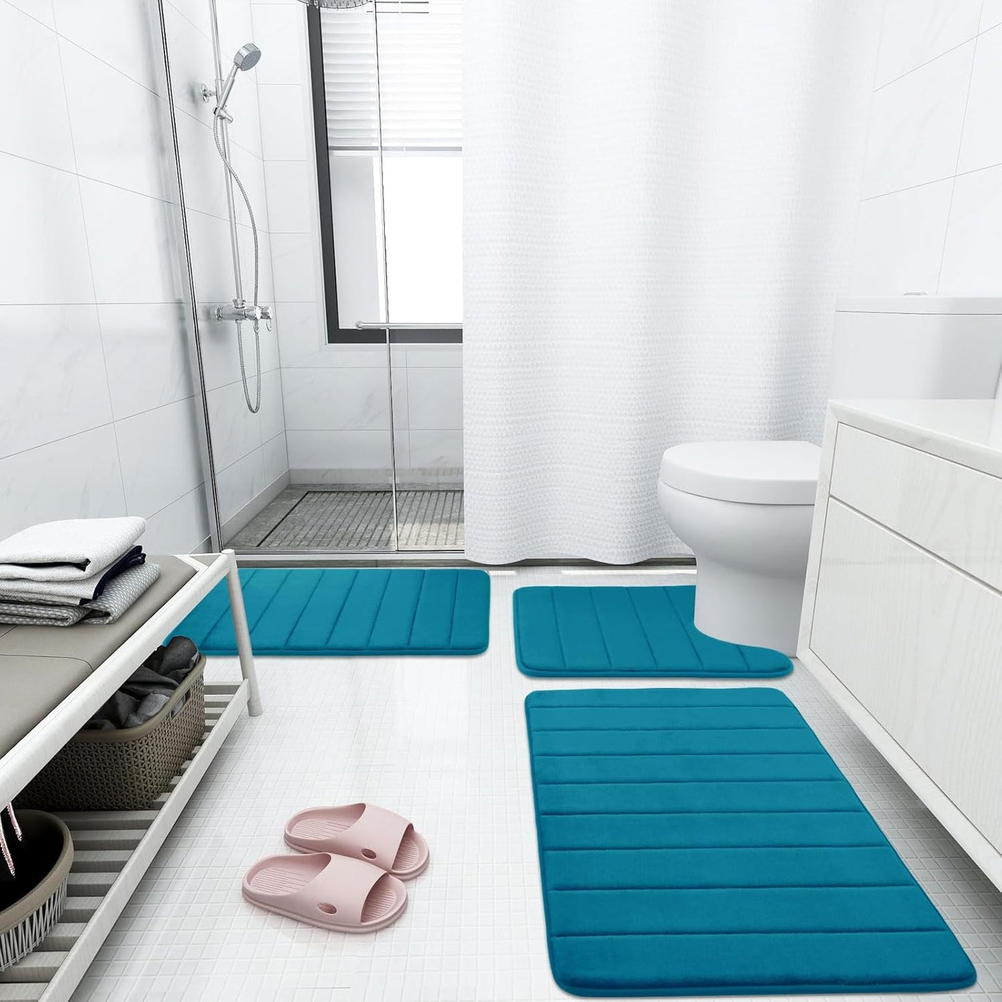 Buganda Memory Foam Bath Mat, 47" x 24", Ultra Soft and Non-Slip Bathroom Rugs, Water Absorbent and Machine Washable Bath Rug Runner for Bathroom, Shower, and Tub, Peacock Blue