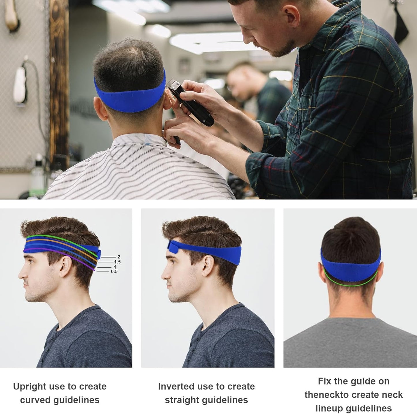 Neckline Shaving Template and Hair Trimming Guide, Silicone Curved Haircut Band for DIY Haircutting Creating Clean Straight Neck Hairline, Fade and Taper Guide for Hair Clippers (Blue)