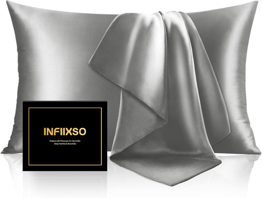 INFIIXSO Mulberry Silk Pillowcase for Hair and Skin, Silk Pillow Cases Standard Size with Hidden Zipper 20x26 Inches, Smooth and Soft Cooling Pillow Cases for Hot Sleepers(Dark Grey, 1 Pack)