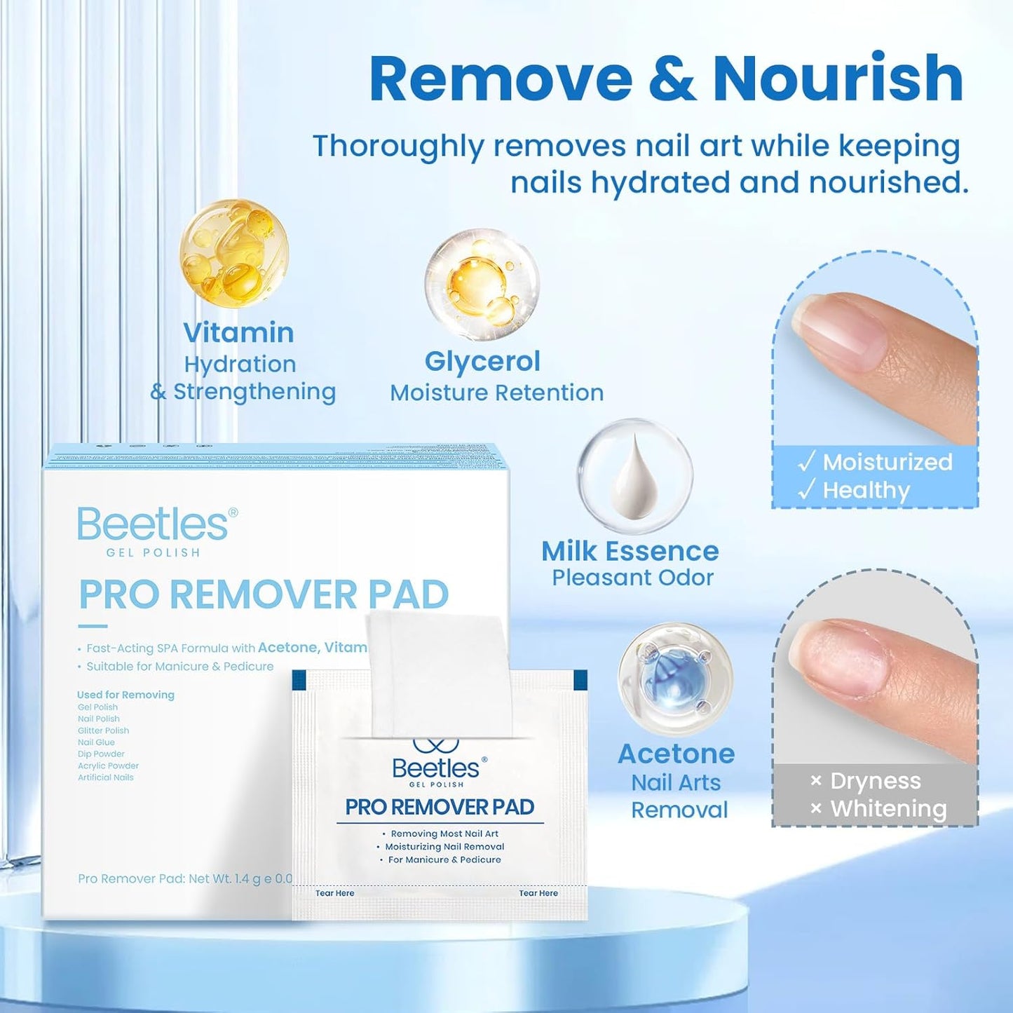 Beetles Nail Polish Remover Pads - 150Pcs Individually Wrapped Pro Remover Pads, Wipes Easily & Quickly Milk Flavor Fragrance for Manicure Gel Polish Remover Portable Set