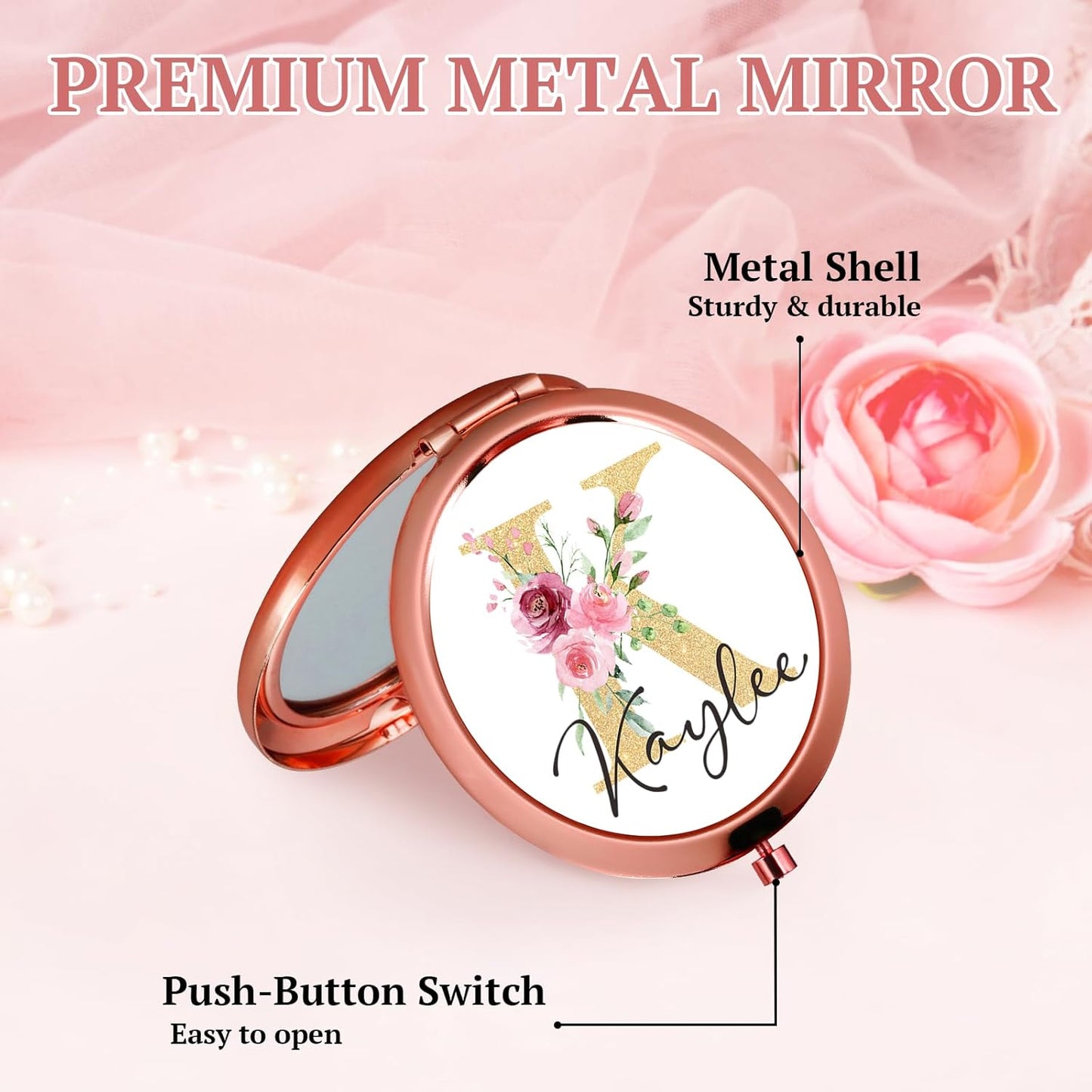 Personalized Compact Mirror for Purse, Custom Pocket Mirror with Initial and Name, Custom Floral Monogram Small Travel Makeup Mirrors for Women Sister Daughter Mom Bridesmaid Birthday