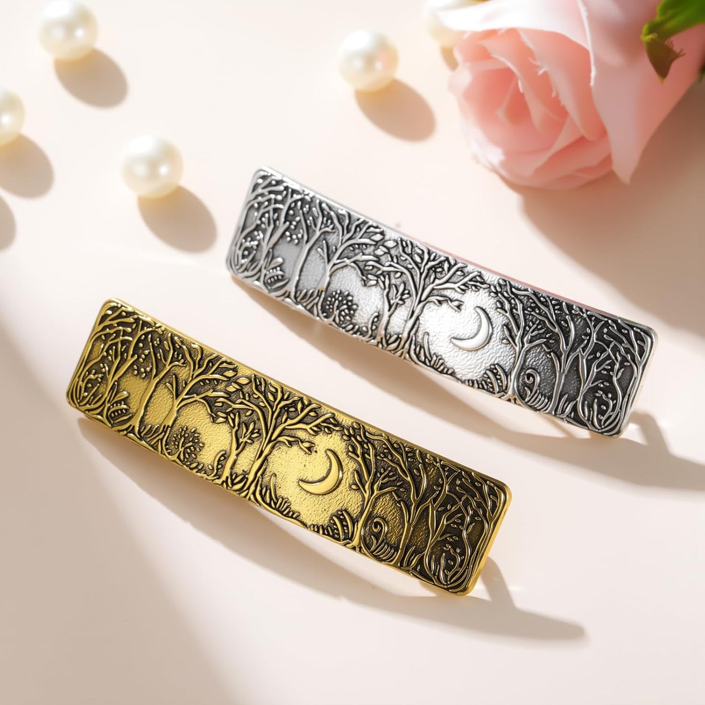Amaxer Viking Gold Silver Barrettes for Women Girls Celtic Hair Clips for Thick Thin Hair Vintage French Hair Clips Hair Styling Accessories (Gold-Forest)