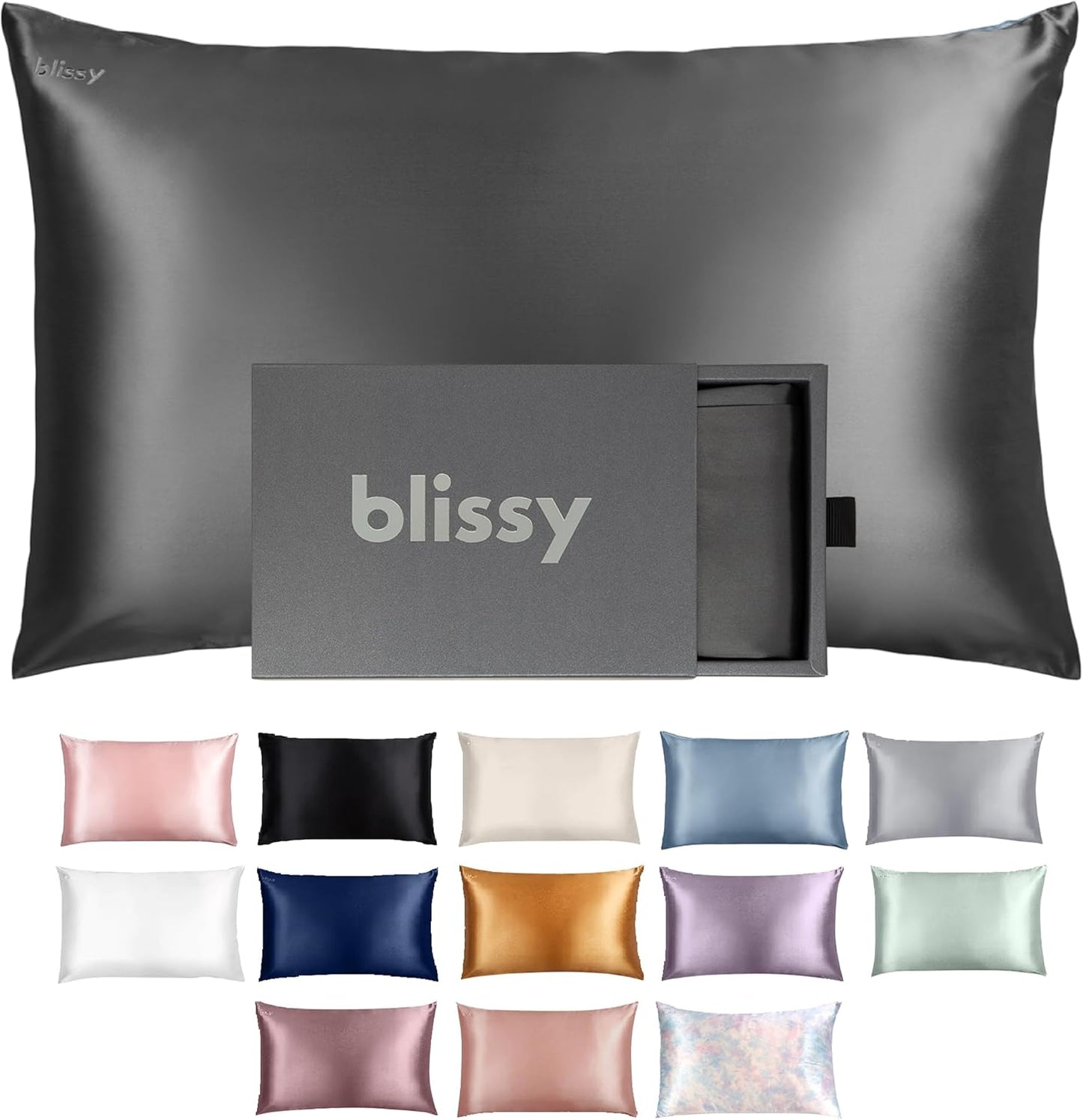 Blissy Silk Pillowcase - 100% Pure Mulberry Silk - 22 Momme 6A High-Grade Fibers - Silk Pillow Cover for Hair & Skin - Regular, Queen & King (Gray, Queen)