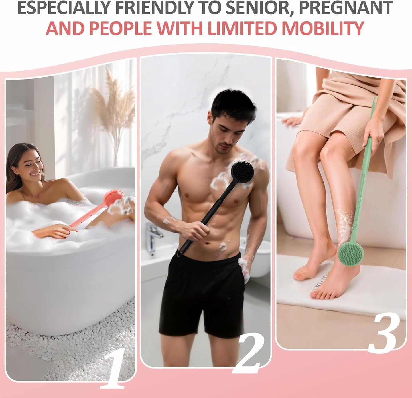 Adjustable Silicone Back Scrubber for Shower, 16''-24'' Extendable Shower Back Scrubber for Rich Foam, 5-Length Back Brush Bath Brush with Dual-Side Head and Super-Lathering Bristles(Pink)