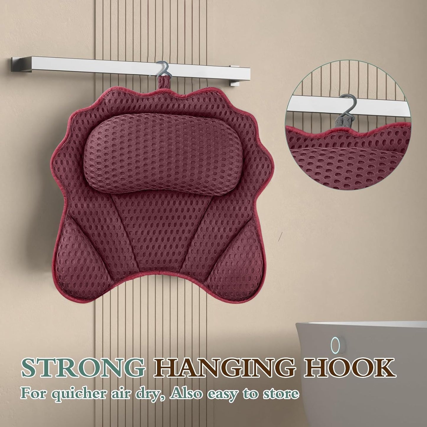 Bath Pillow RUVINCE Ergonomic Luxury Bathtub Pillow with Head,Neck, Shoulder and Back Support, 4D Bath Pillows for tub with 6 Powerful Suction Cups, Fits All Bathtub, Spa Tub, Hot Jacuzzi (Dark red)