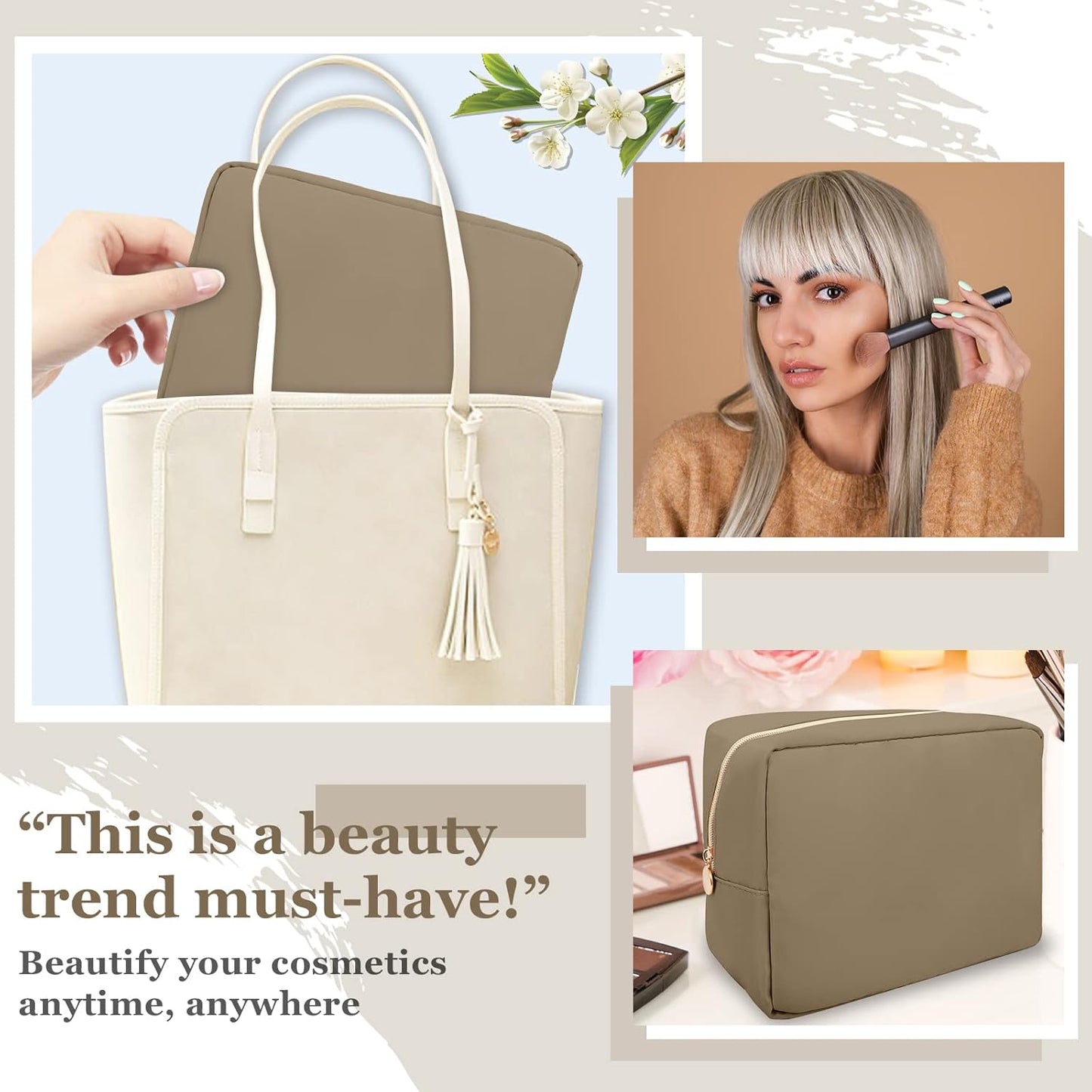 Nylon Large Makeup Bag Travel Pouch for Women, Preppy Big Makeup Bag Cute Cosmetic Zipper Pouch Purse, DIY Chenille Letter Bag Waterproof Toiletry Bag Clutch Make Up Organizer for Women Girls(Khaki)