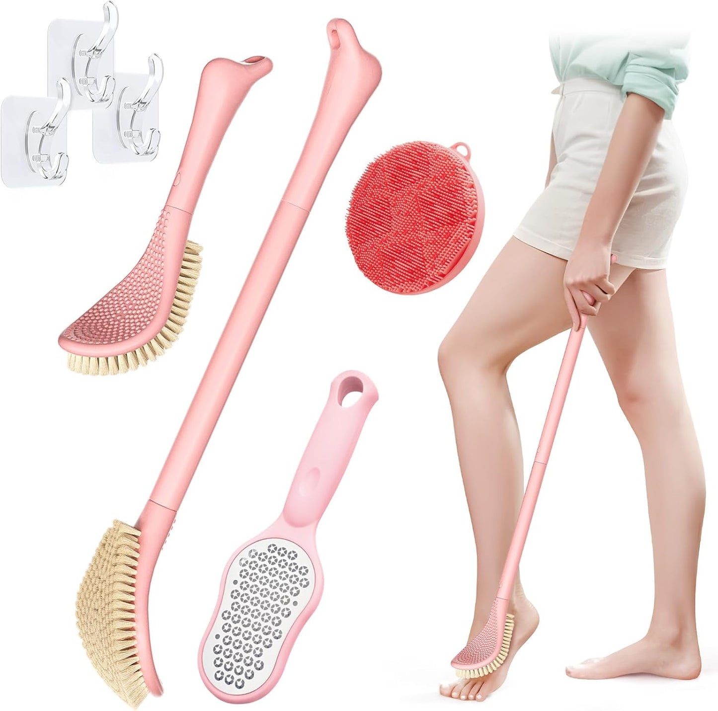 Foot Brush/Foot File/Silicone Body Scrubber Set(3PCS), 3-in-1 Foot Scrubber with Long Handle, 10.2’’-27.5’’Adjustable Foot Scrub Brush with Foot File and Silicone Loofah, Gift-Box(Pink Set)