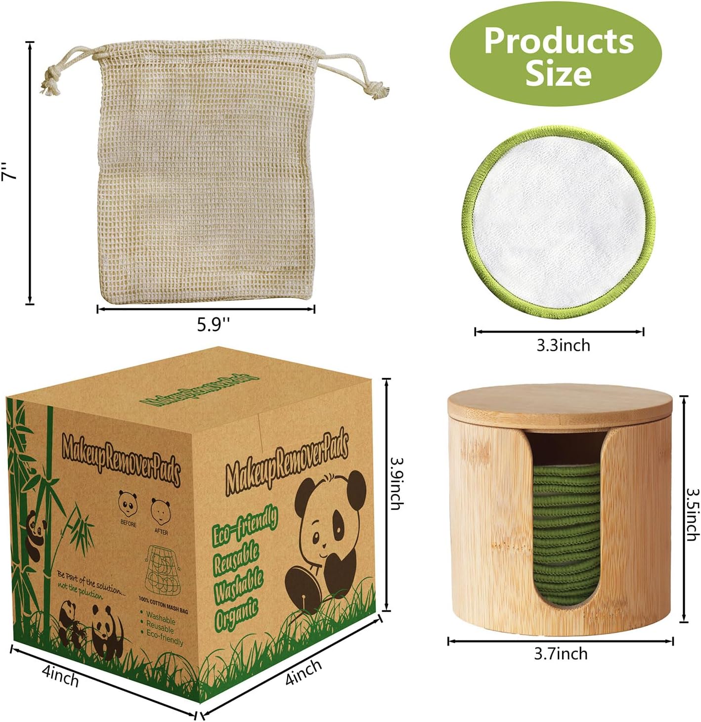 Reusable Cotton Rounds 20Pcs - 100% Natural Bamboo Cotton Pads for Face, Makeup Remover with Laundry Bag and Bamboo Holder (Green)