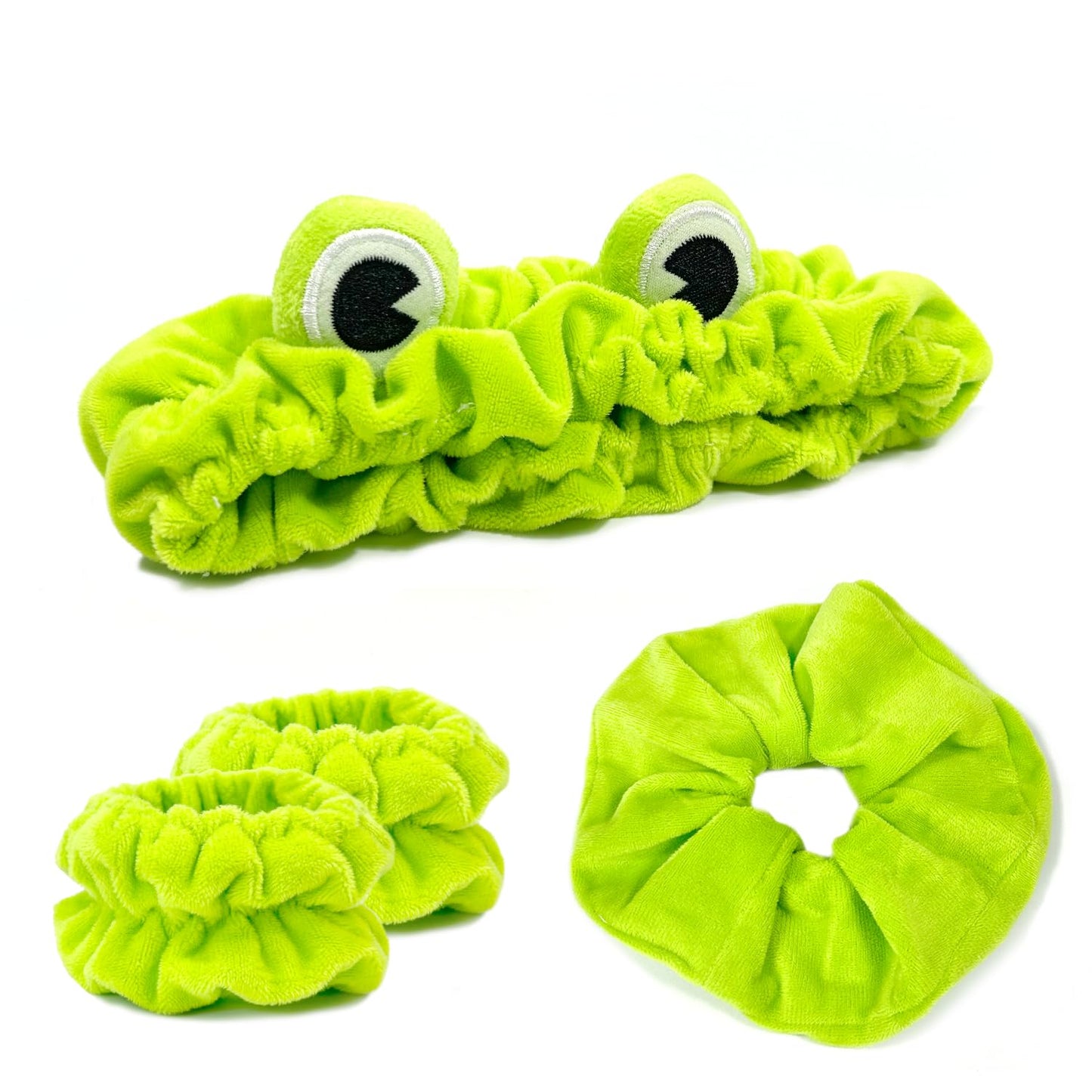 Face Wash Headband, Skincare Headband Wrist Bands For Washing Face Set Spa Hair Bands come with a Hair Scrunchie Cute Green Frog Elastic for Makeup Girls Women