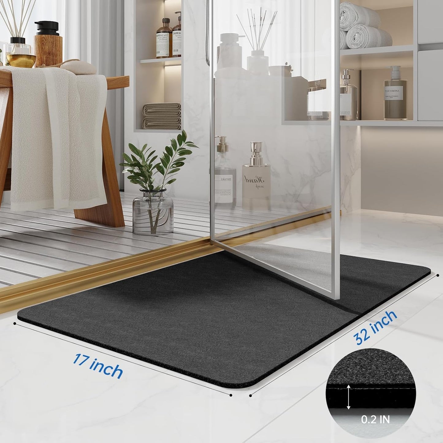 Bath Mat Rugs 32x17 - Diatomaceous Earth Bath Mats Quick Dry Absorbing Bathroom Rugs Rubber Non Slip Thin Bathroom Mat Fit Under Door, Bath Mat for Bathroom Floor, Tub and Shower, Sink, Dark Grey