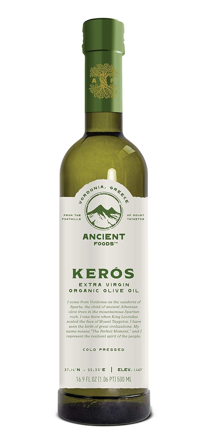 Ancient Foods Keros Greek Organic Extra Virgin Olive Oil – Fresh, Cold Pressed Olive Oil from Greece, High Phenolic 1000 Year Old Trees (0.5L)