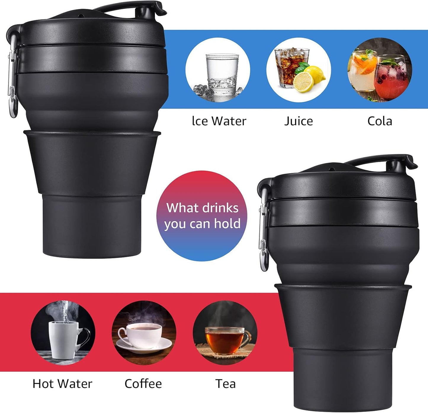 2PACK Collapsible Coffee Cup, 20 OZ 600ml Silicone Folding Camping Mug, Leak Proof BPA Free Portable Sport Bottle with Lids for hiking, Microwave & Dishwasher Safe (Black)