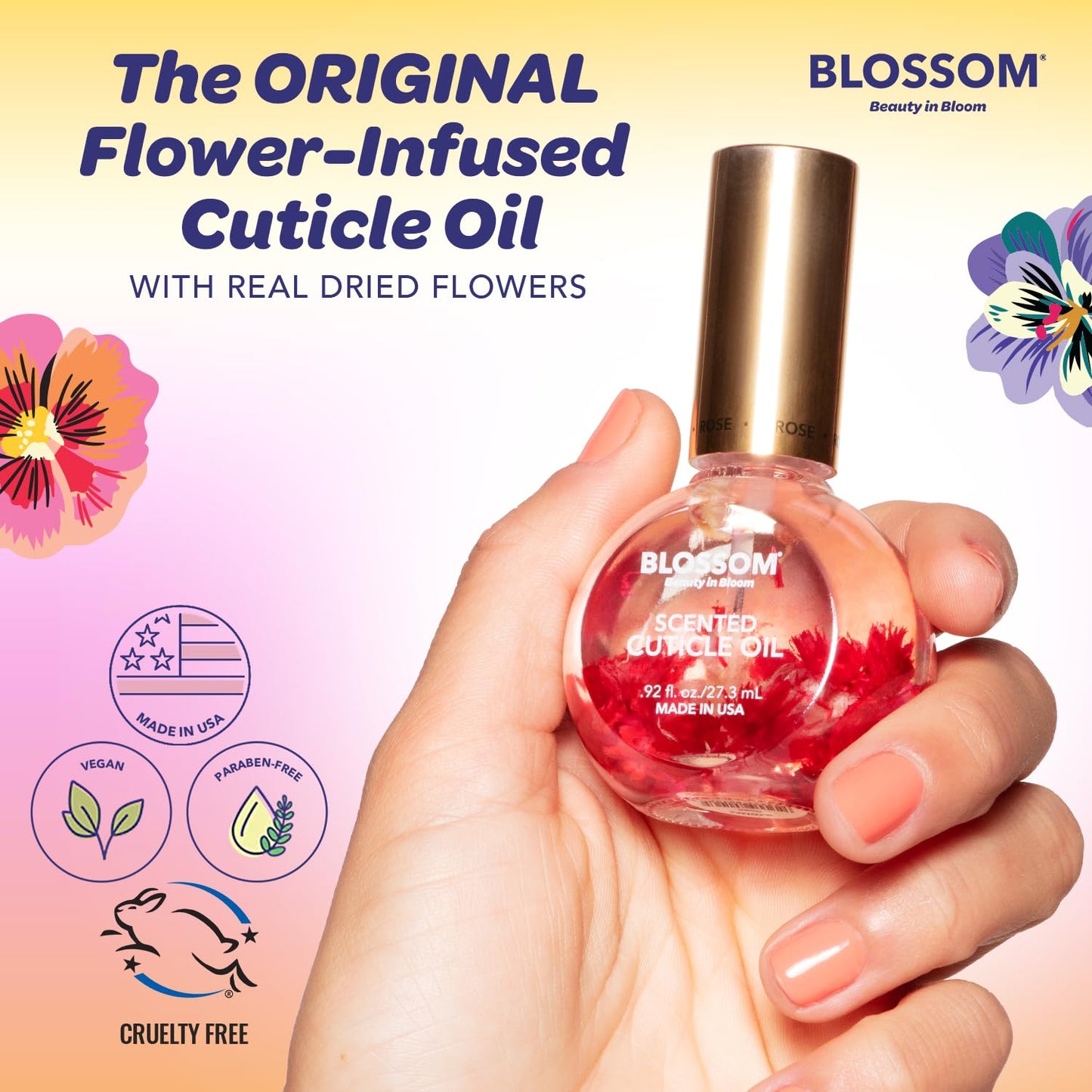 Blossom Cuticle Oil for Nails, Hydrating, Moisturizing, Scented Nail Oil Cuticle Care, Infused with Real Flowers, Made in USA, 0.5 fl. oz, Juicy Peach