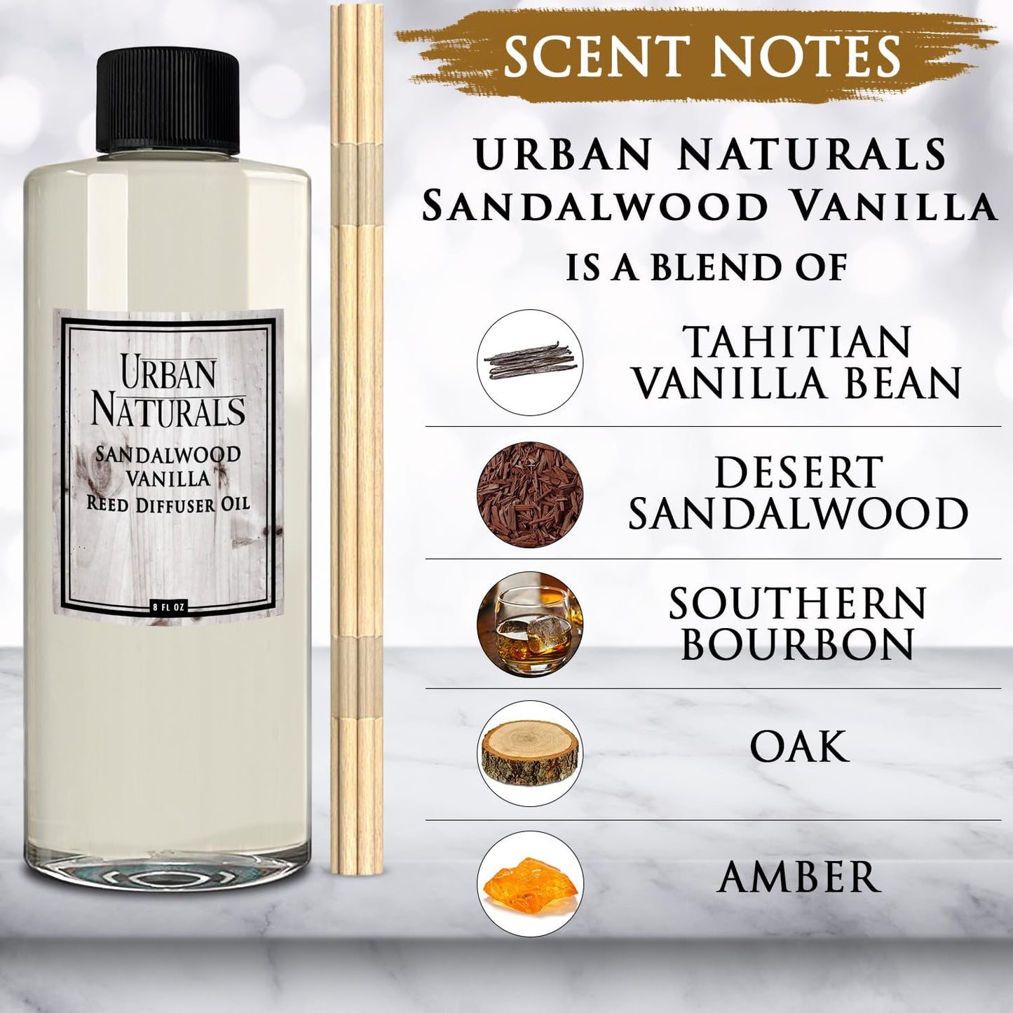 Urban Naturals Reed Diffuser Oil Refill Sandalwood Vanilla with Tahitian Vanilla, Bourbon Notes 8 oz + Free Reed Sticks, Made in The USA