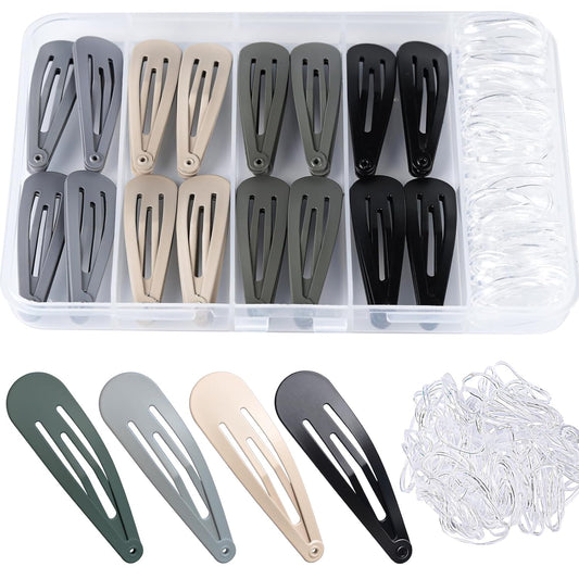 Teenitor Snap Clips, 48pcs Snap Hair Clips Hair Barrettes and 100pcs Clear Hair Bands, Metal Hair clips Barrettes for Women Girls, 2 Inch barrette clips Matte Black Grey Green Taupe