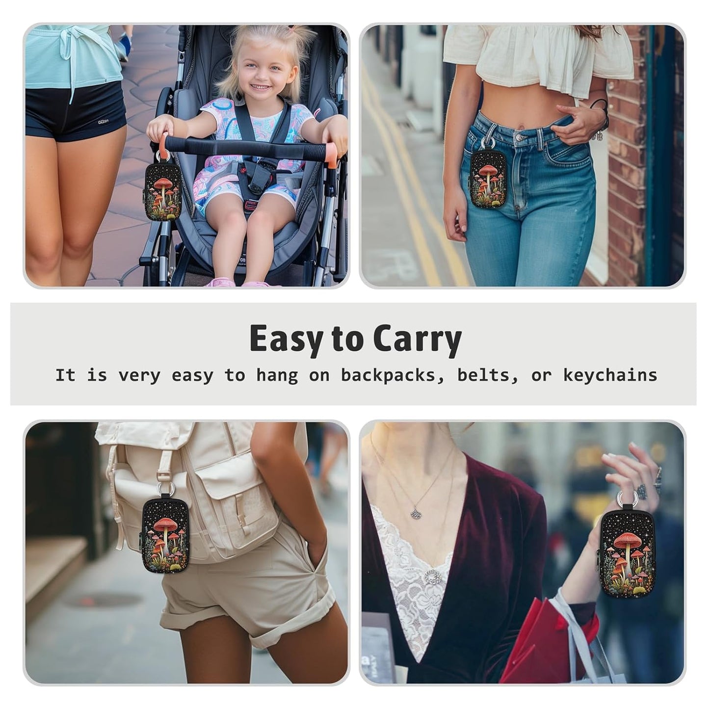 Cute Mushroom Hand Sanitizer Spray Case, Hand Sanitizer Holder Zippered Pouch, Fashion Accessory with Snap Hook for Glow Mist and Power Mist 1FL OZ